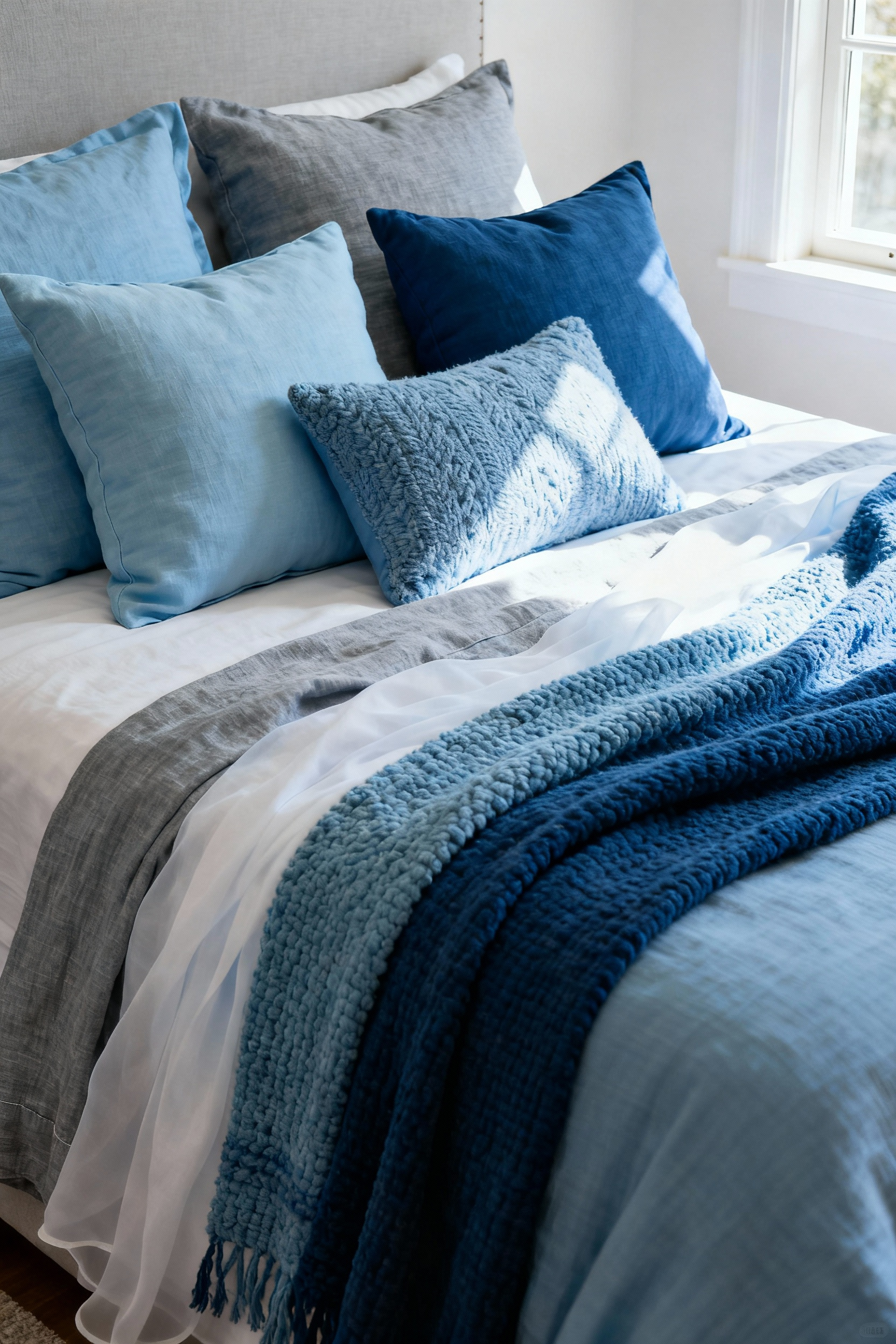 Bedroom decorated with azure blue pillows and a throw blanket on a bed, showcasing layered textures and subtle color variations, creating a calm and inviting atmosphere. No people visible.