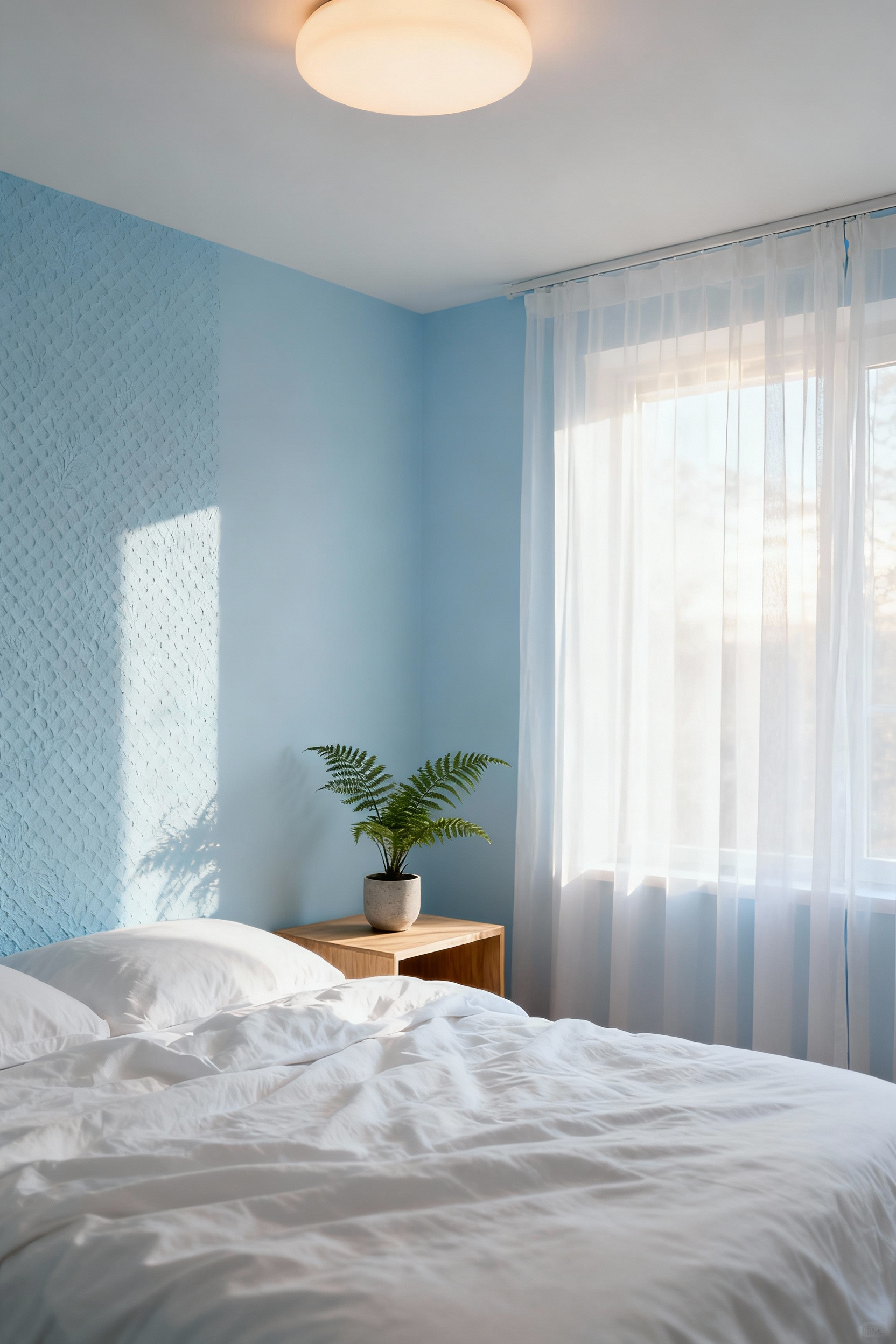 A bedroom featuring walls painted in a soft, light periwinkle blue, with natural wood accents and white linen bedding, illuminated by natural light for a tranquil ambiance.