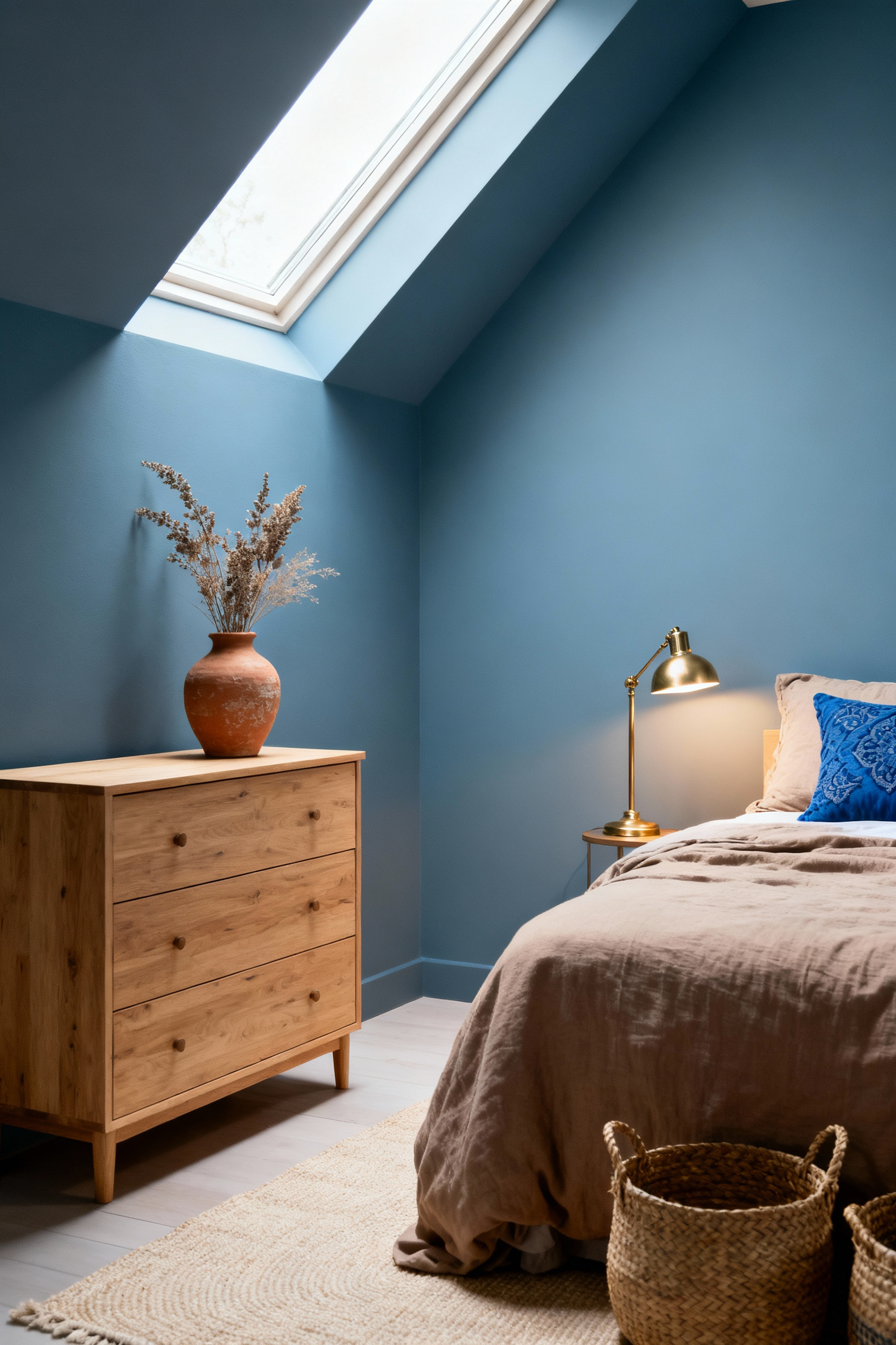 A serene blue bedroom featuring dusty periwinkle walls, light oak furniture, and soft linen beige textiles, with terracotta and brass accents. The space perfectly harmonizes cool blues with warm neutrals for a balanced, inviting decor.
