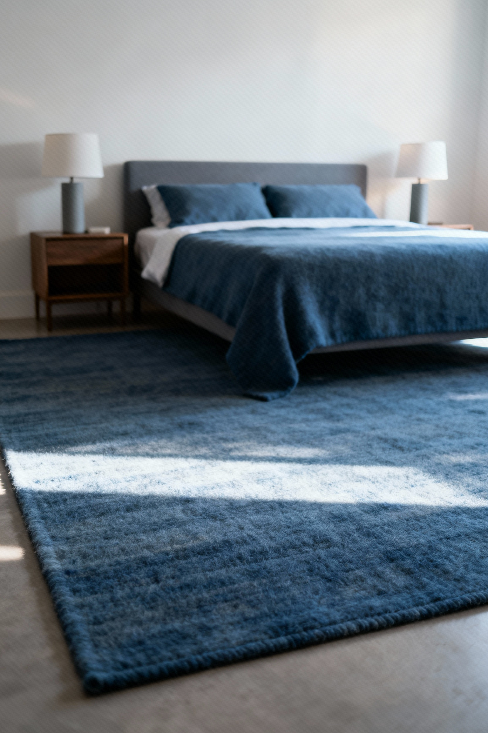 A tranquil bedroom scene featuring a large, muted indigo blue area rug extending beneath a queen-sized bed and nightstands, creating a visually anchored and serene space.