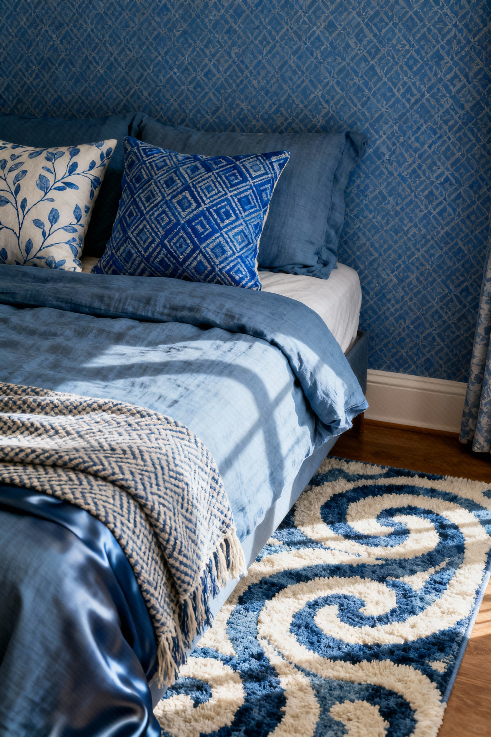 A serene blue bedroom featuring layered patterns on wallpaper, bedding, and a rug, creating a visually engaging yet calming atmosphere.