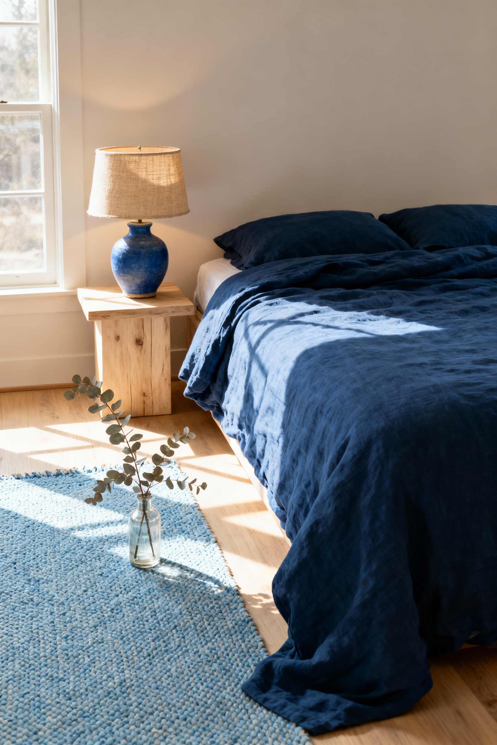 Bedroom with sustainable and ethically sourced blue decor, featuring an organic linen duvet and handcrafted accents.