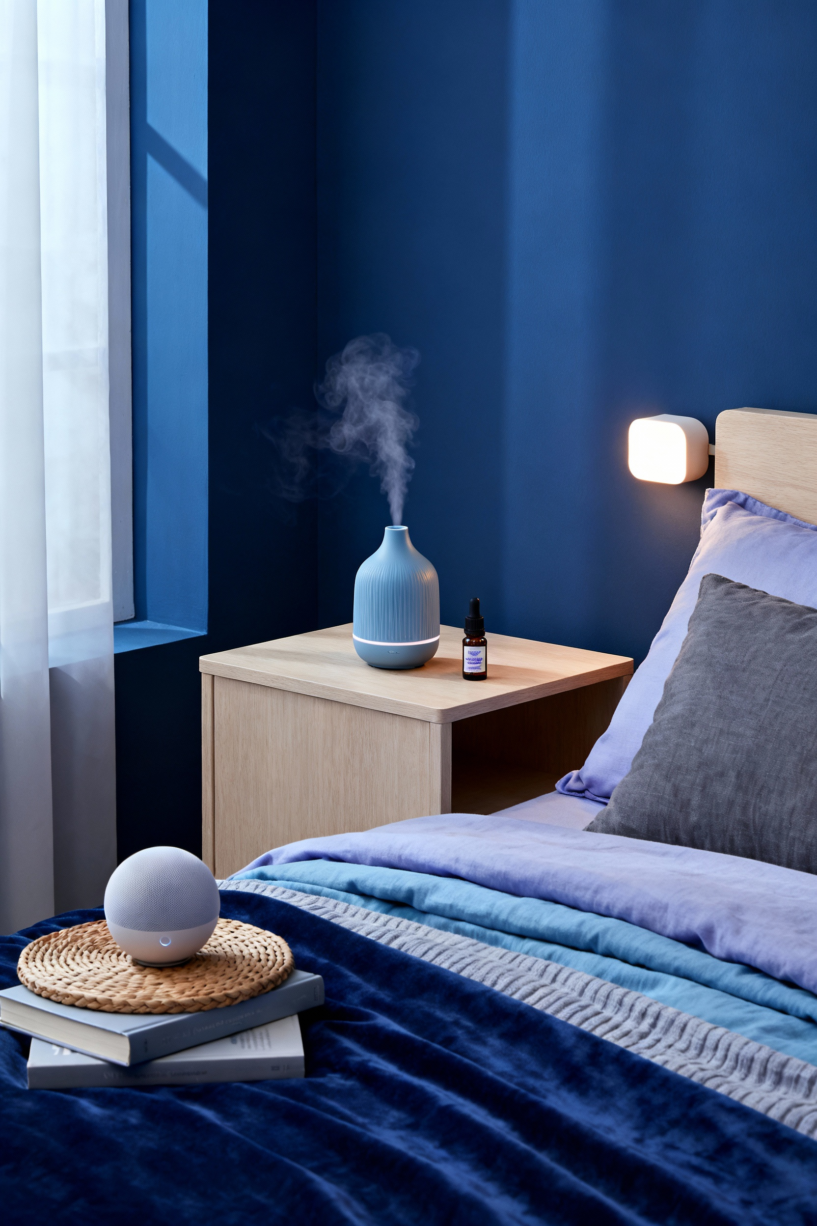 A serene blue bedroom corner with an elegant essential oil diffuser and a discreet sound machine on a minimalist bedside table, creating a calming ambiance for holistic well-being.