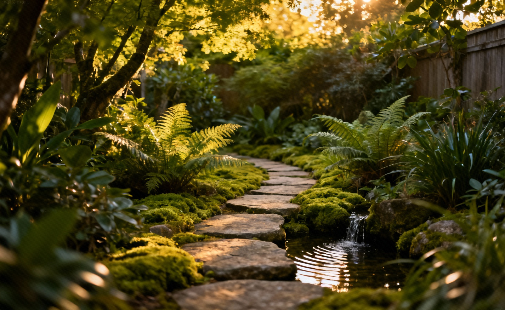 A serene backyard landscape featuring a natural stone path, lush ferns, moss, and dappled sunlight, evoking a tranquil 'Psyche-Scape' for nature connection.