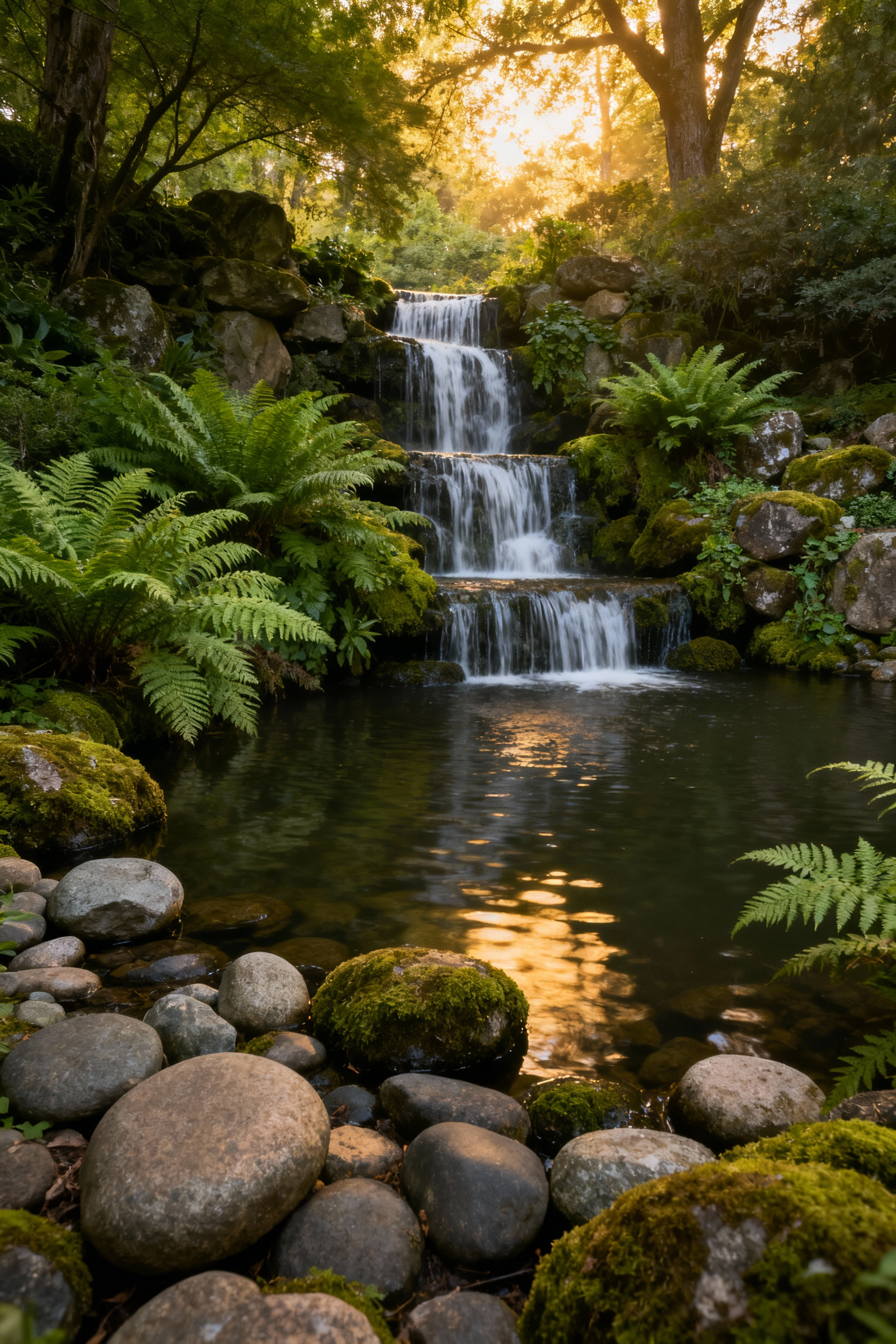A peaceful backyard scene featuring a naturalistic multi-tiered water feature with gentle waterfalls and a pond, surrounded by green foliage, evoking auditory tranquility.