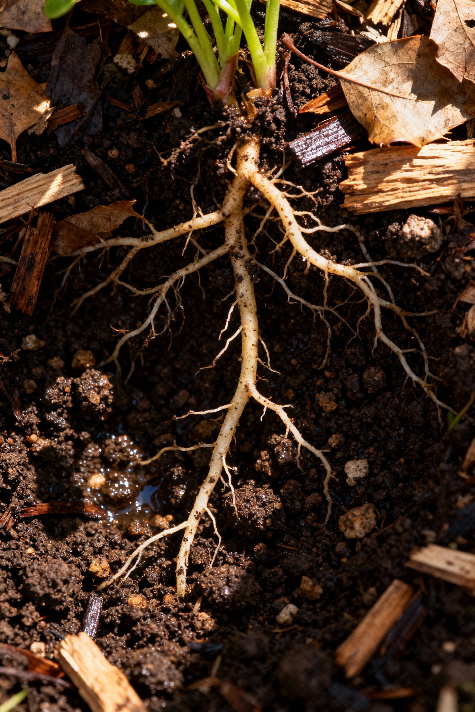 Close-up of rich, dark, healthy garden soil with intertwined plant roots and organic matter, bathed in dappled sunlight.