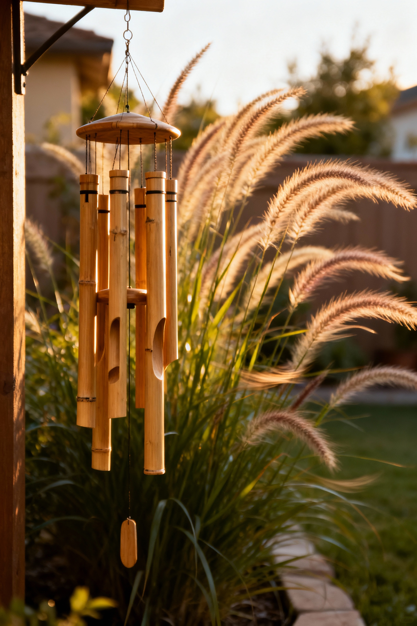 Close-up of bamboo wind chimes gently swaying in a serene backyard setting, surrounded by soft ornamental grasses and dappled sunlight, creating a tranquil atmosphere.