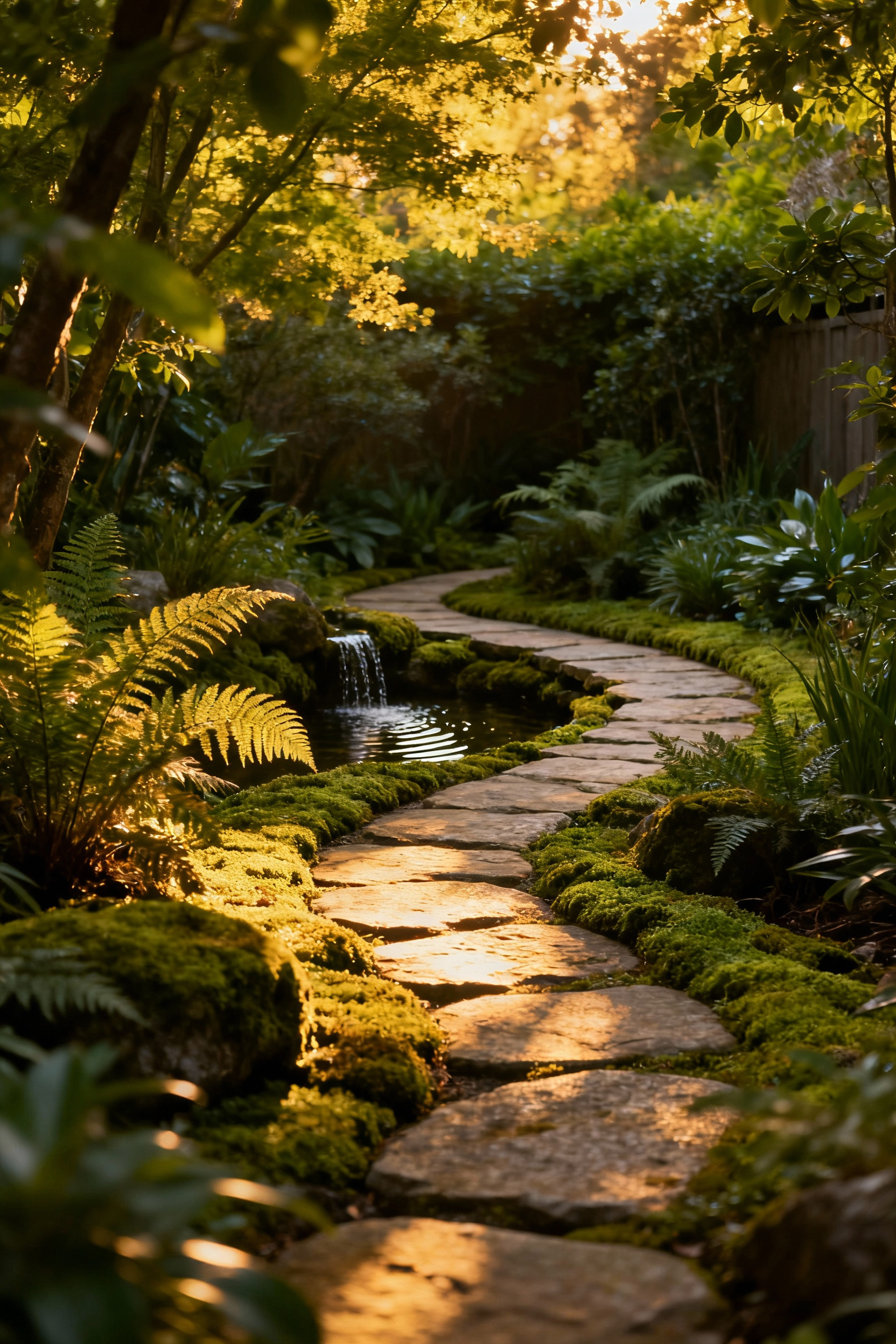 A serene backyard landscape featuring a natural stone path, lush ferns, moss, and dappled sunlight, evoking a tranquil 'Psyche-Scape' for nature connection.