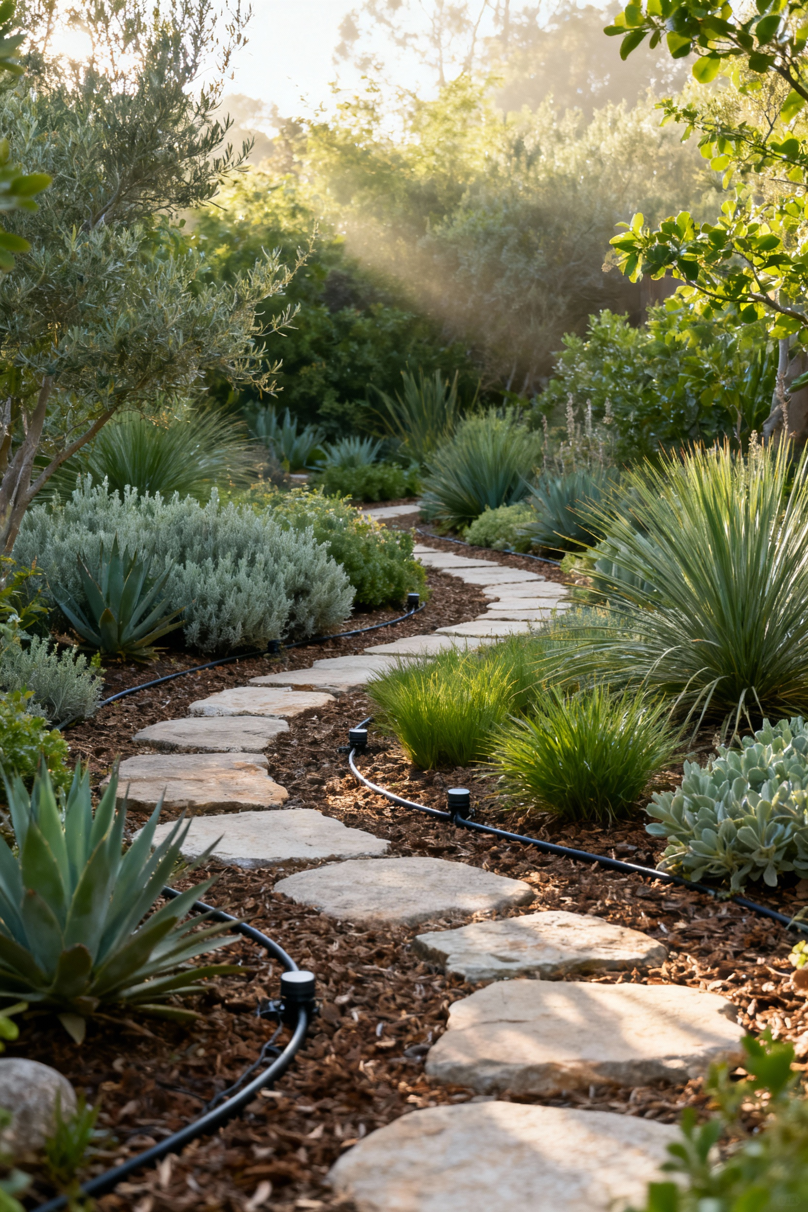 A tranquil, low-maintenance backyard featuring indigenous plants, a natural stone path, and subtle smart irrigation, all bathed in soft morning light, reflecting a sense of effortless upkeep.