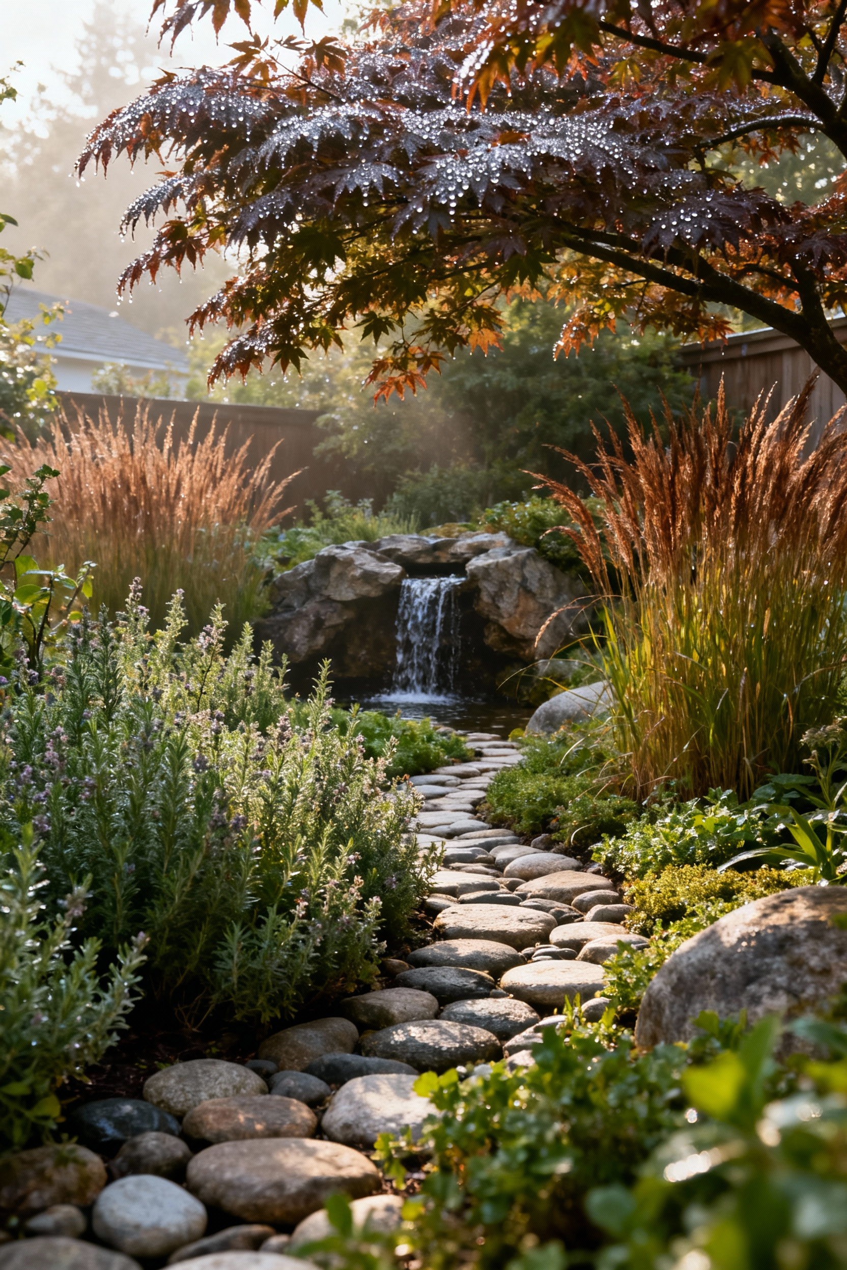 A tranquil backyard garden with a stone path, lush plants, and a small water feature, designed for multisensory experience in morning light.