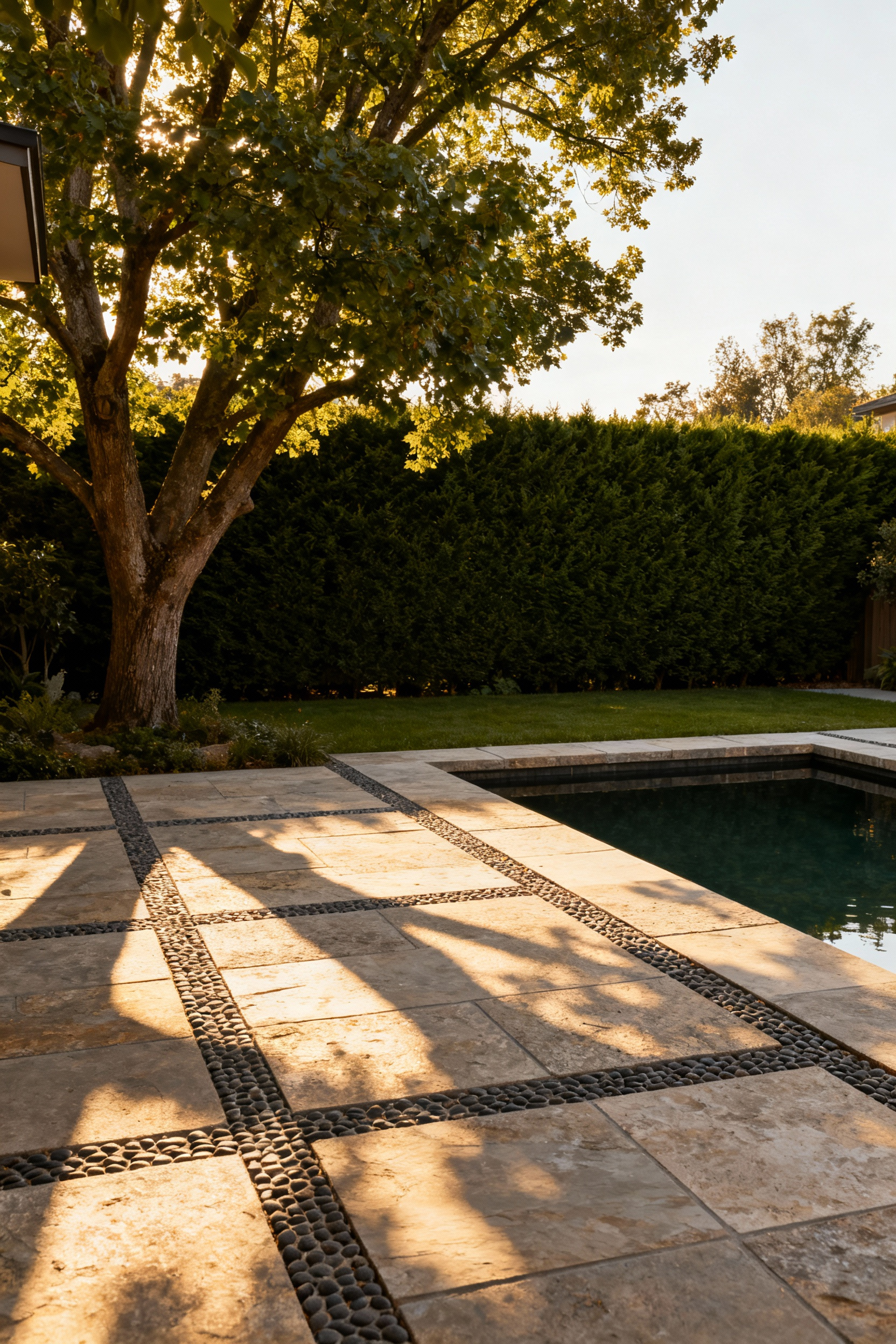 Backyard with thermal bioclimatic design, featuring a stone patio, deciduous tree, evergreen hedge, and reflecting pool for year-round comfort.