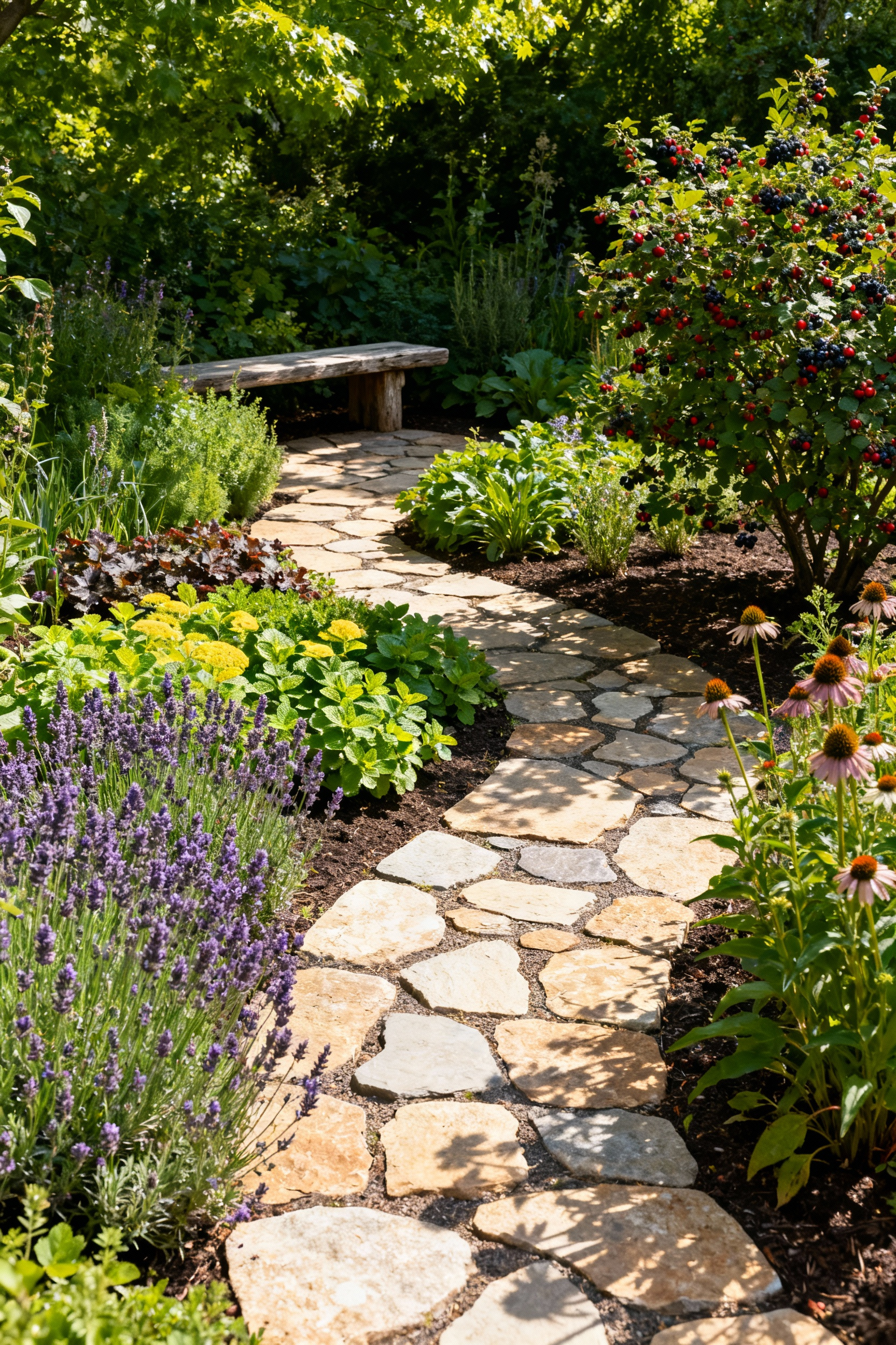 A beautifully designed backyard 'Edible Apothecary' garden featuring various functional botanicals, therapeutic herbs, natural stone pathways, and a peaceful seating area, bathed in dappled sunlight.