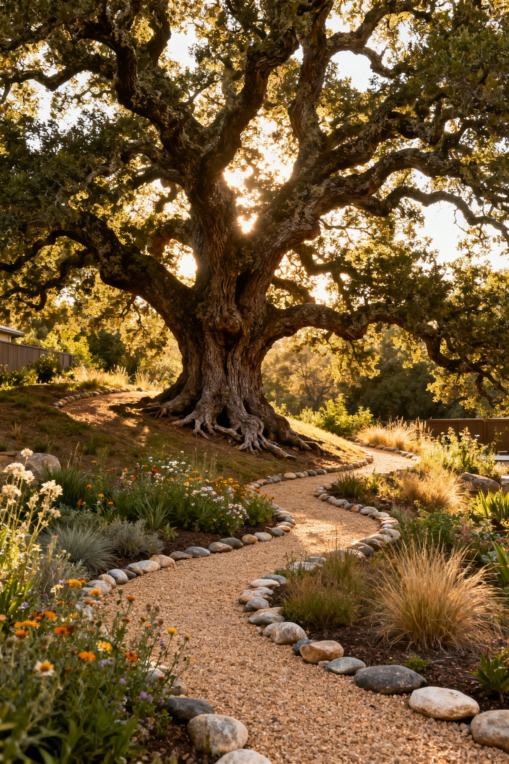 A backyard scene with an ancient oak tree, native plants, and stone paths, embodying the Spirit of Place for authentic garden integration.