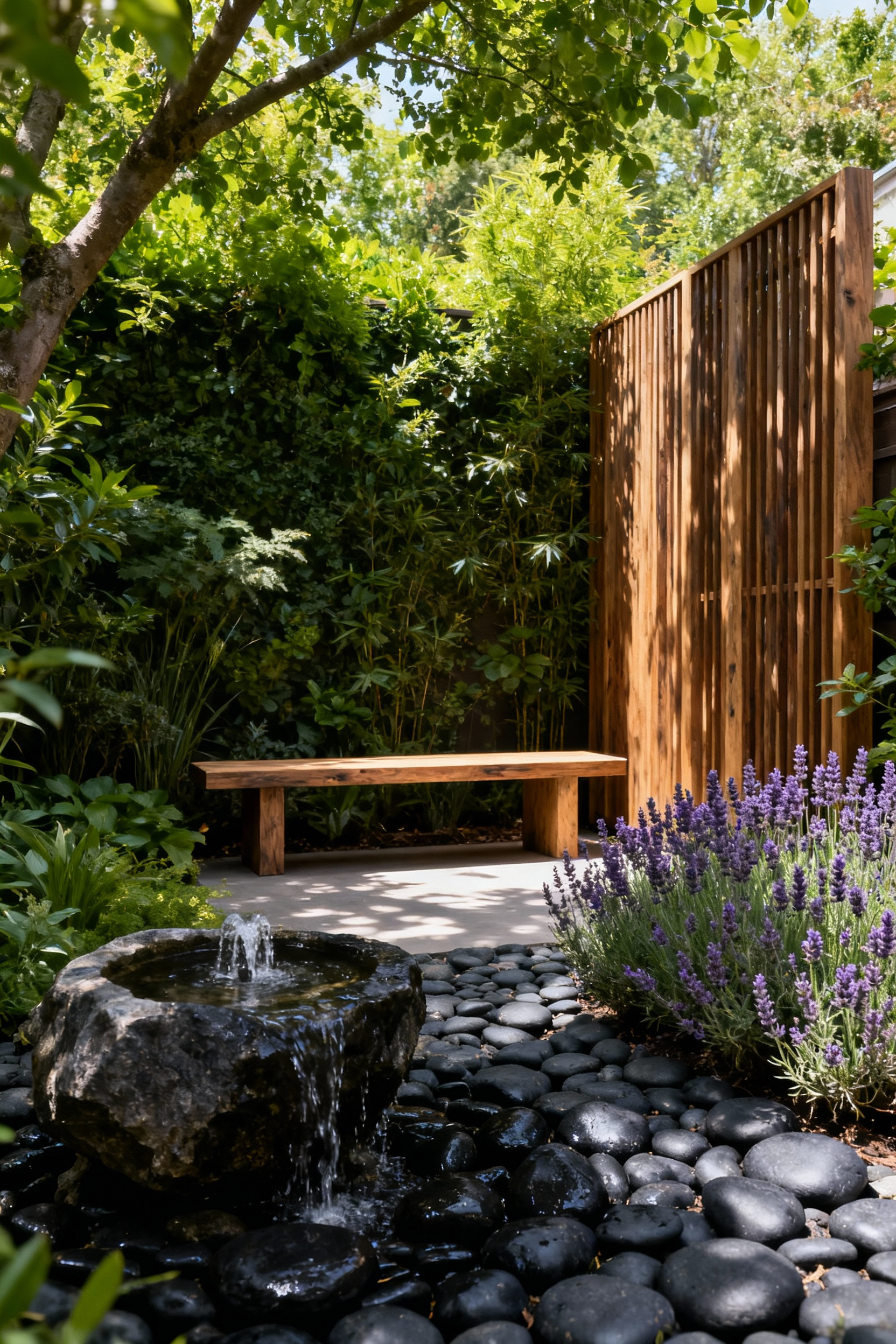 A serene backyard contemplative nook featuring a minimalist reclaimed wood bench, trickling rock fountain, dense privacy plantings, and a path of smooth river stones under dappled natural light.