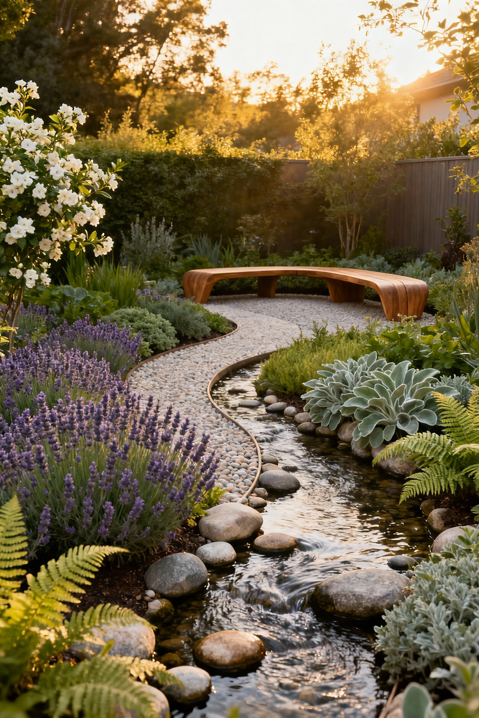 A serene salutogenic backyard featuring aromatic plants, a pebble path, a small stream, and wooden benches, all designed to amplify health and well-being.