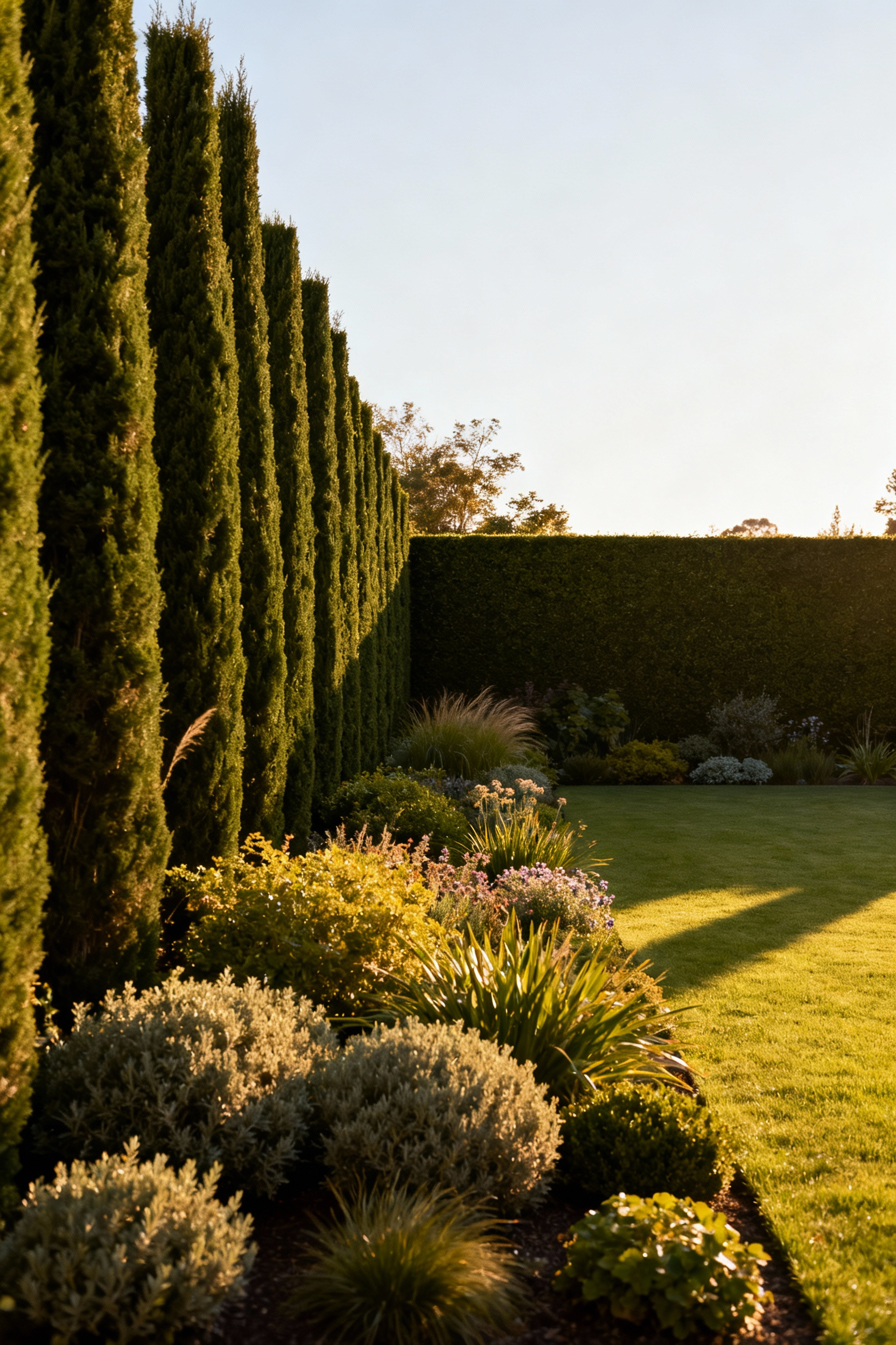 Portrait of a meticulously designed backyard featuring architectural phyto-sculpting, using tall, dense plants to define a private boundary and low-lying plants to frame an open vista. Strategic planting for privacy and curated views in a modern garden.