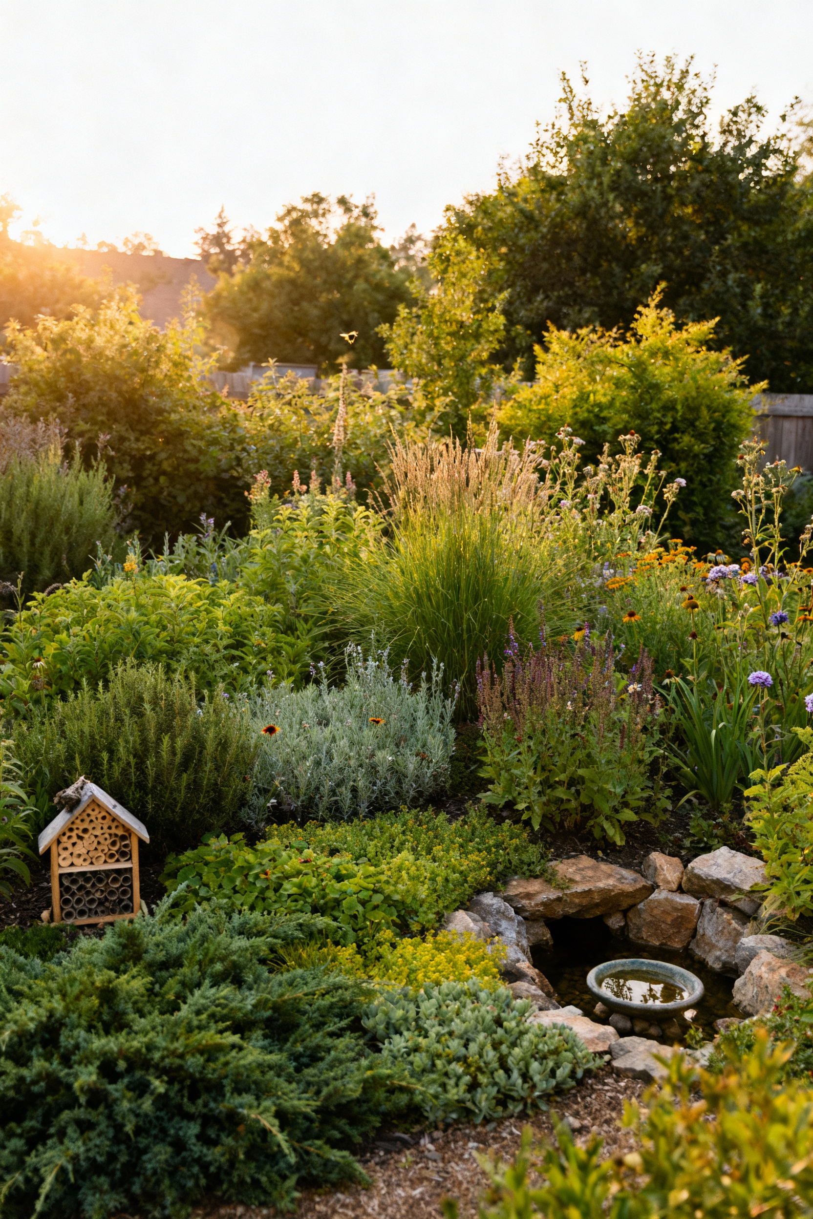 A thriving, biodiverse backyard garden showcasing integrated pest ecology with native plants, insect hotels, and natural elements under golden hour sunlight, without people.