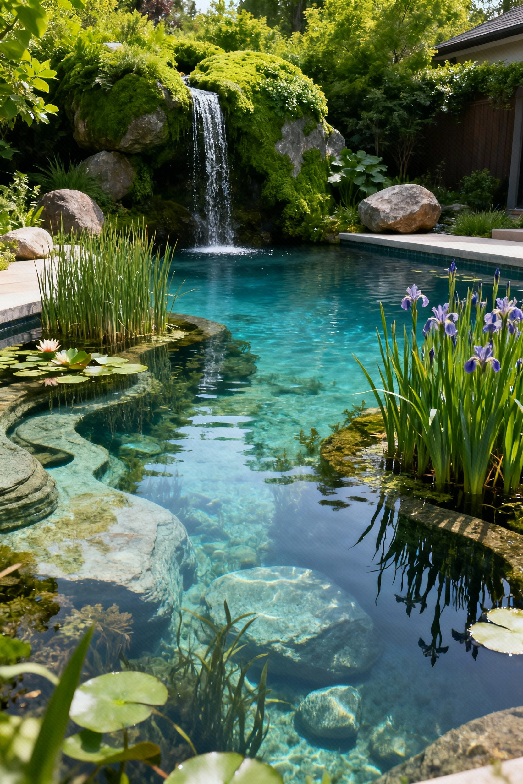 A tranquil biophilic immersion pool with naturalistic aquatic plants, clear water, and a small waterfall, designed for holistic refreshment in a lush garden setting.