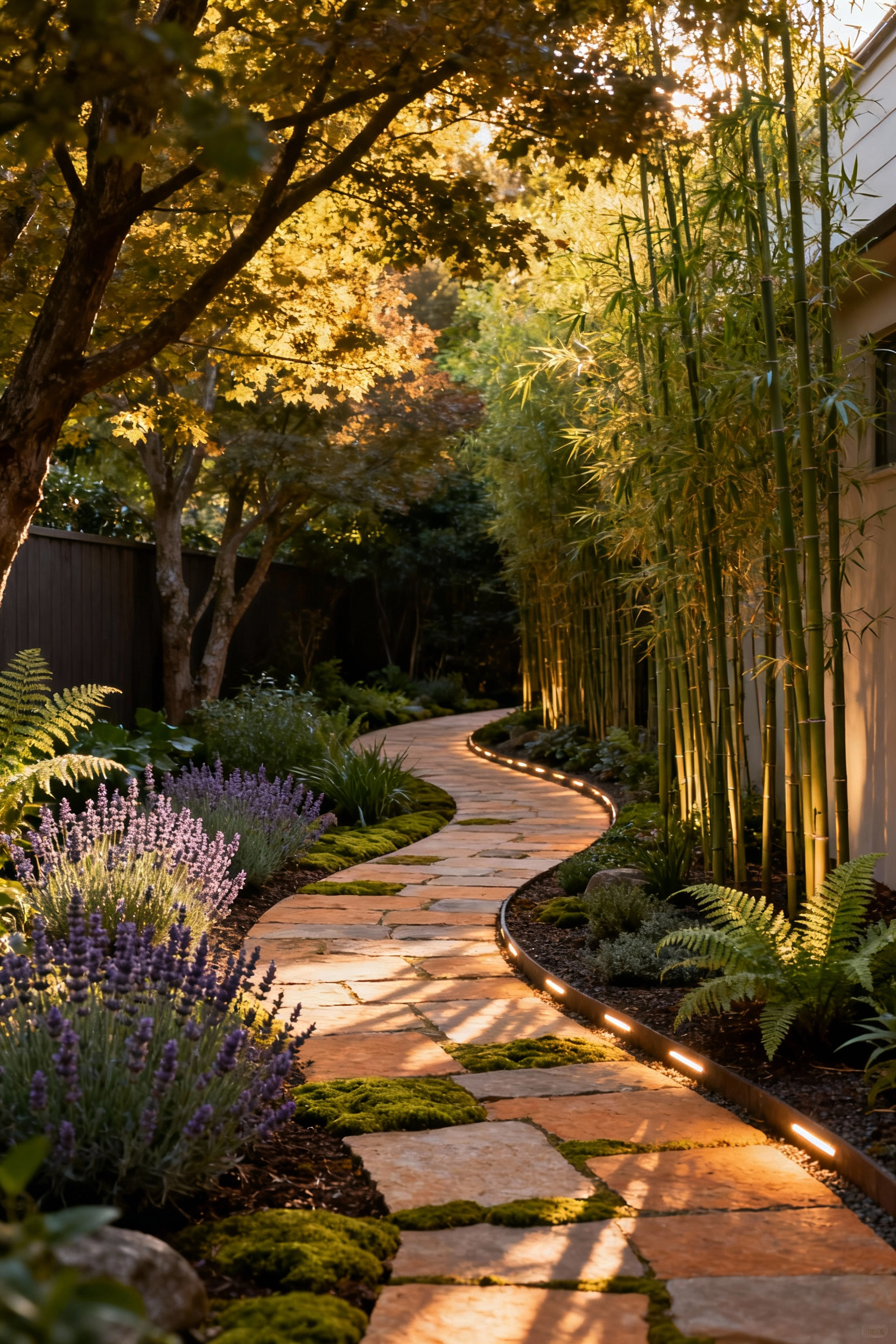 A serene backyard liminal threshold pathway, featuring winding flagstone pavers with moss, lush therapeutic plants like lavender and bamboo, dappled sunlight, and subtle low-level lighting guiding the view.