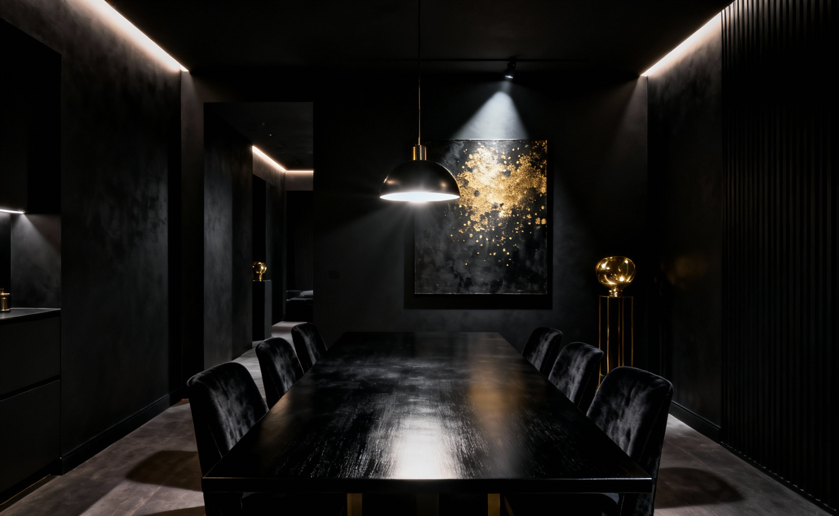 Opulent Vanta Spectrum black dining room featuring layered textures, polished brass, and dramatic chiaroscuro lighting for an intimate ambiance.