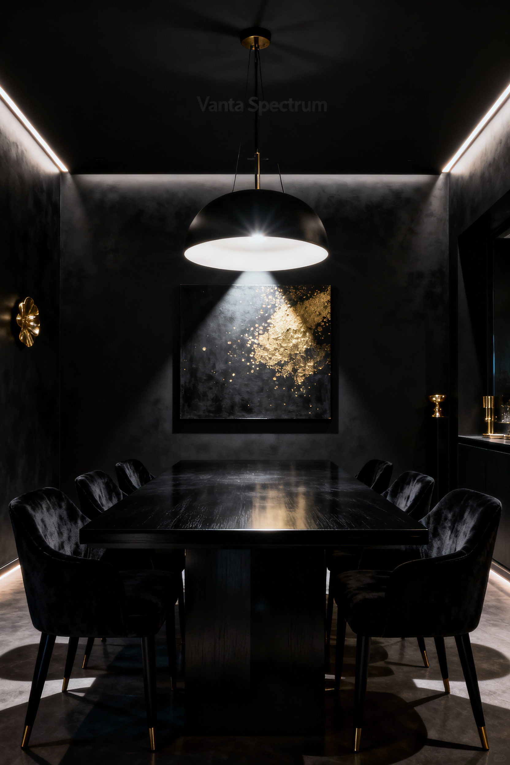 Opulent Vanta Spectrum black dining room featuring layered textures, polished brass, and dramatic chiaroscuro lighting for an intimate ambiance.