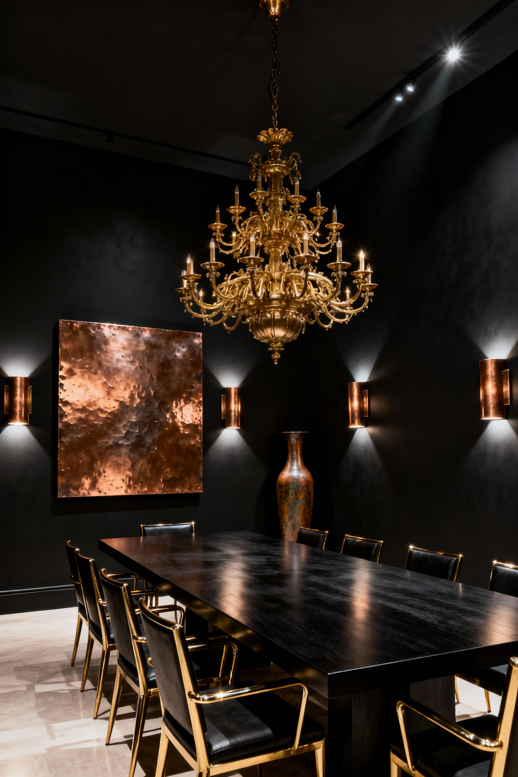 A black dining room with an opulent and dramatic atmosphere, featuring various metallic accents like a grand antique gold chandelier, brushed bronze wall sconces, hammered copper wall art, and a patinated bronze floor vase, all gleaming against matte black walls, showcasing polished patina.