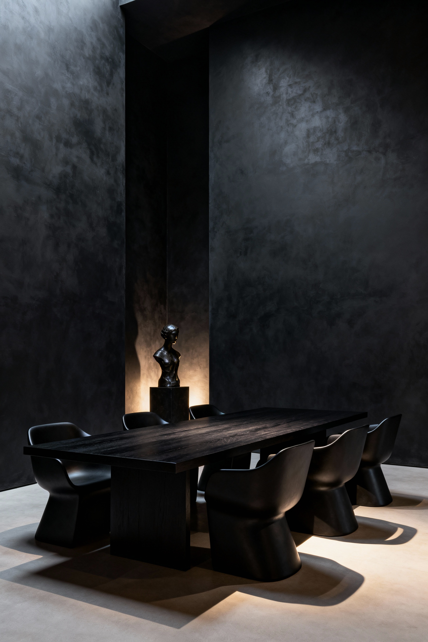 Elegant black dining room showcasing negative space, with an ebonized oak table and sculptural chairs surrounded by matte charcoal walls, highlighting architectural voids and dramatic chiaroscuro.