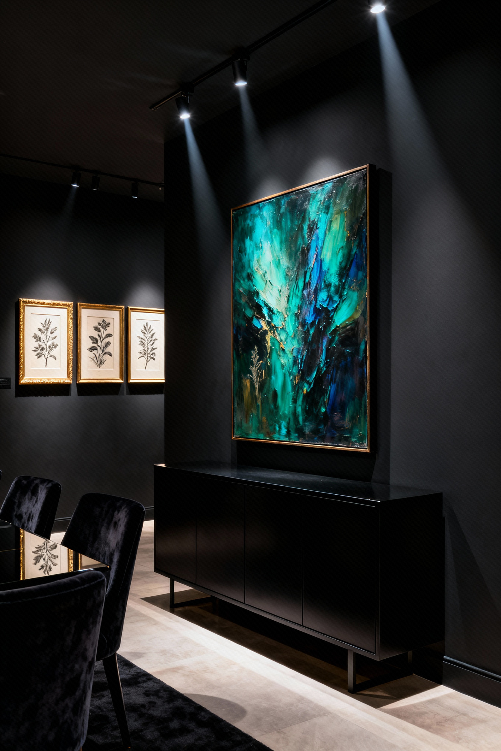 Curated art display in a sophisticated black dining room, featuring an abstract painting and botanical etchings dramatically lit by spotlights, creating a narrative vignette.