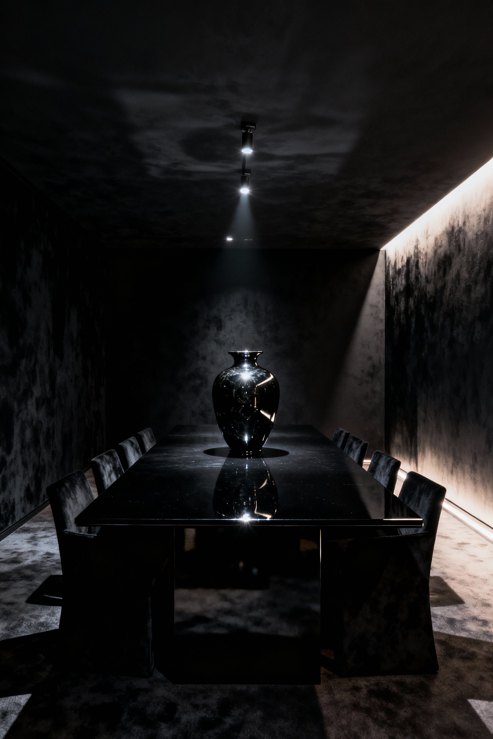 Sophisticated black dining room showcasing high-contrast design with matte black walls absorbing light and glossy lacquered surfaces reflecting it, creating depth and drama.