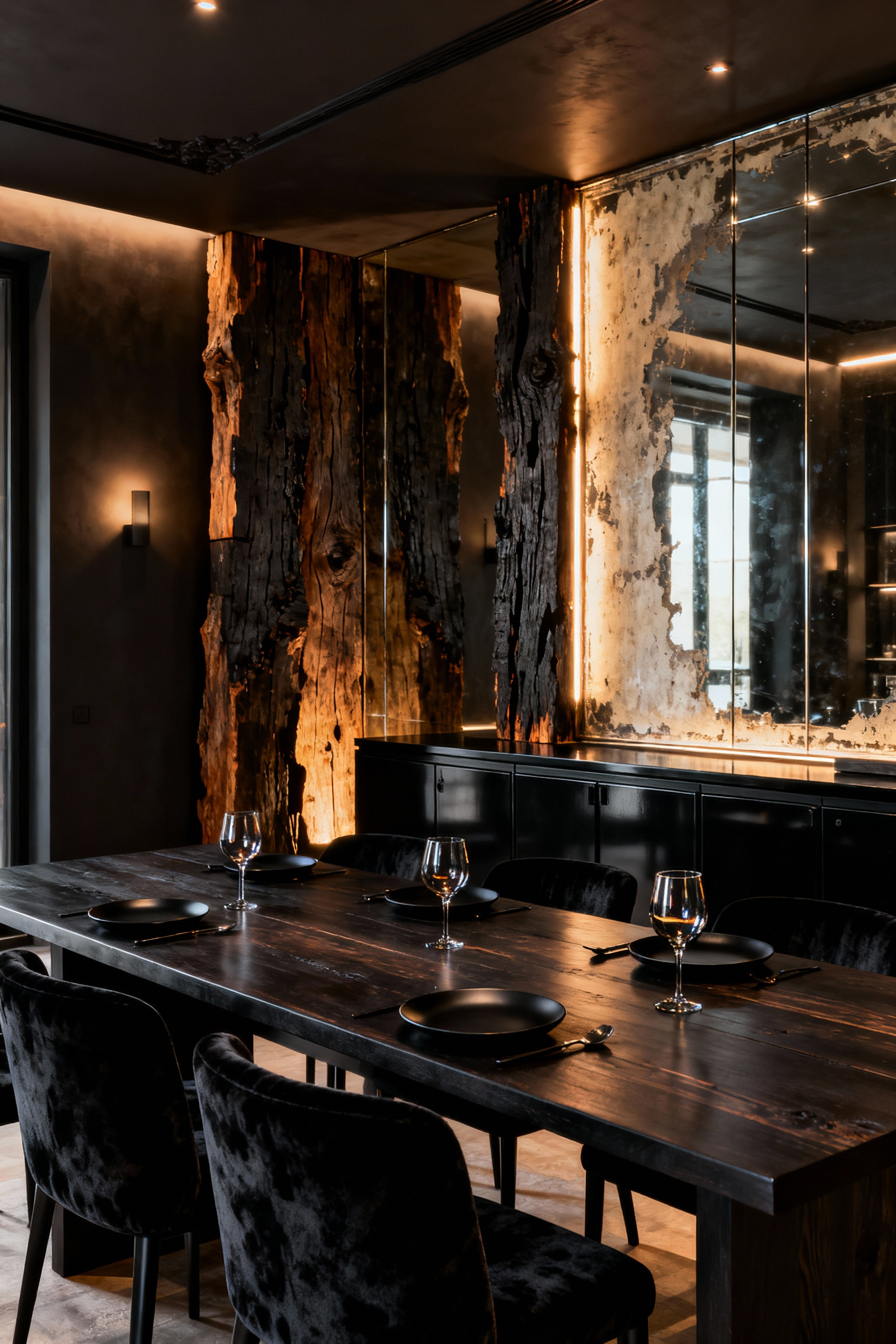 An elegant, intimate black dining room featuring a dark wooden table, black velvet chairs, polished black lacquer cabinets, and a large antiqued mirrored wall, lit with multi-layered, dimmable lighting.
