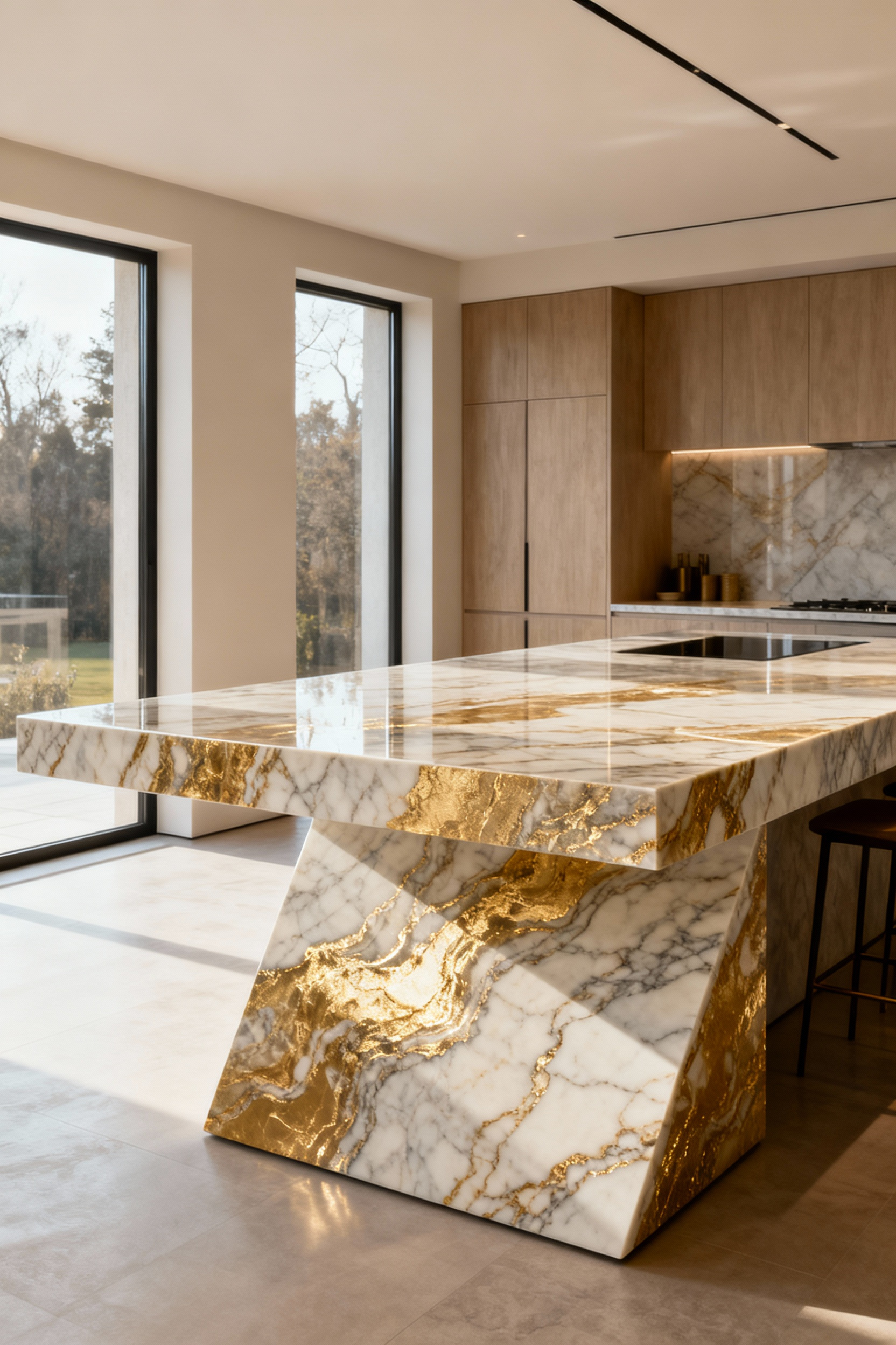 Luxurious kitchen island with bookmatched Calacatta Gold patterned sintered stone countertop, showcasing intricate veining, a seamless cantilevered bar, and a highly polished finish under soft natural light.