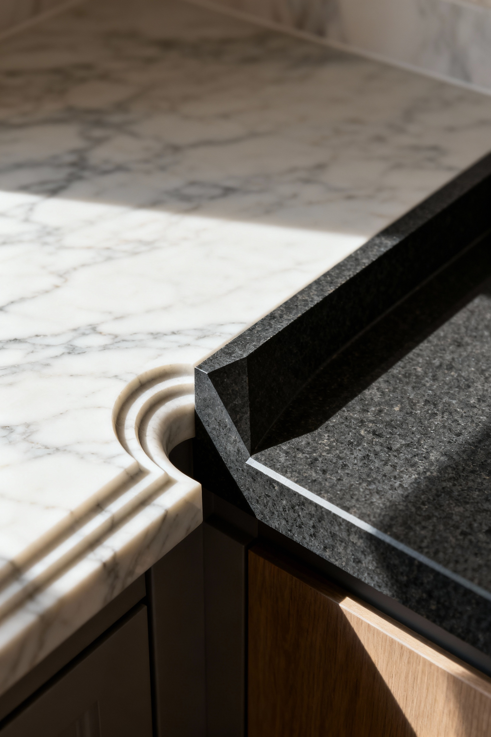 Luxury kitchen countertop showing a contrast between a classical Ogee curve and a modern Brutalist bevel edge profile, highlighting bespoke design details.