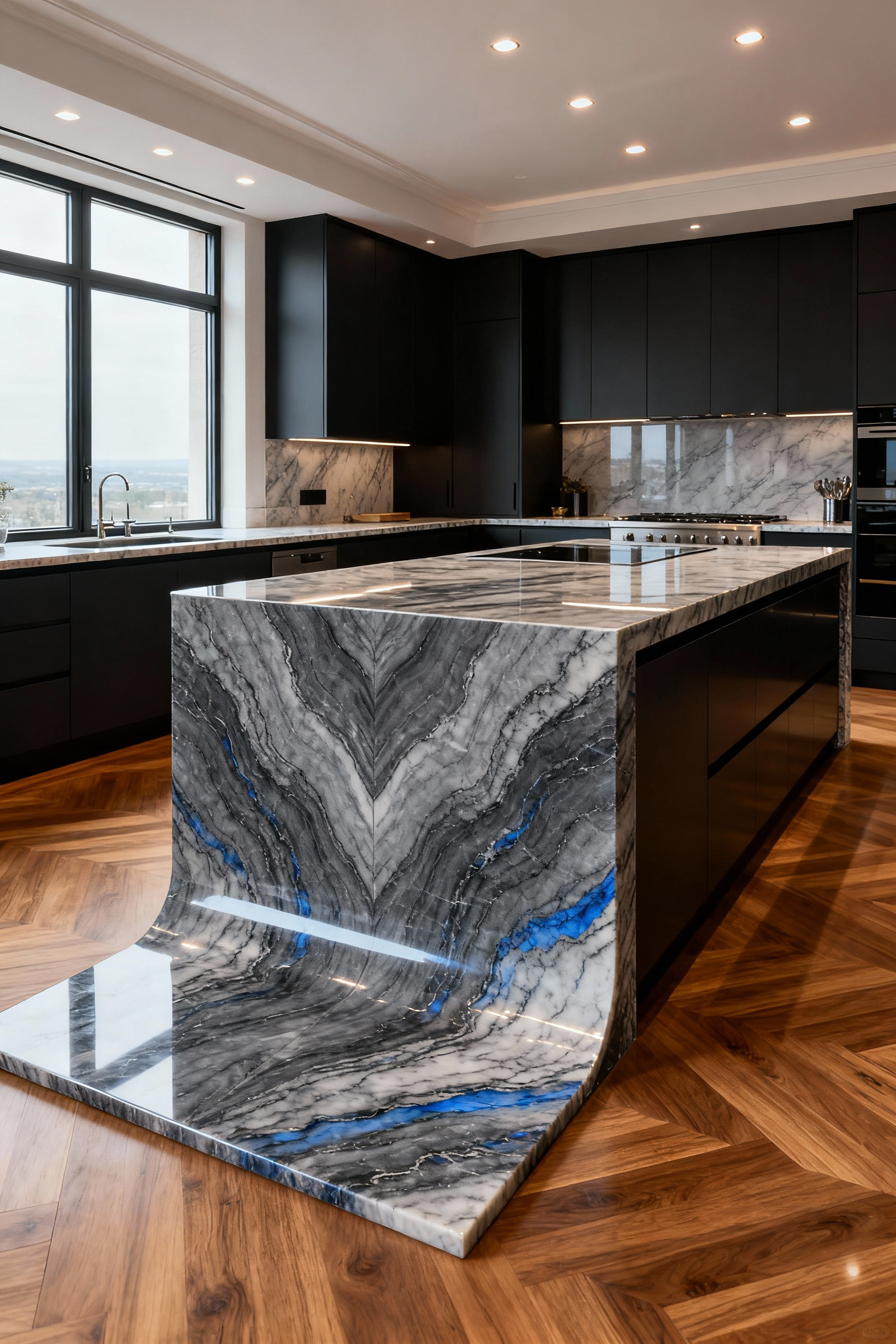 Stunning kitchen island made of Statuario marble with a dramatic bookmatched waterfall edge and intricate grey veining, illuminated by natural light, in a modern luxury kitchen with dark cabinetry.