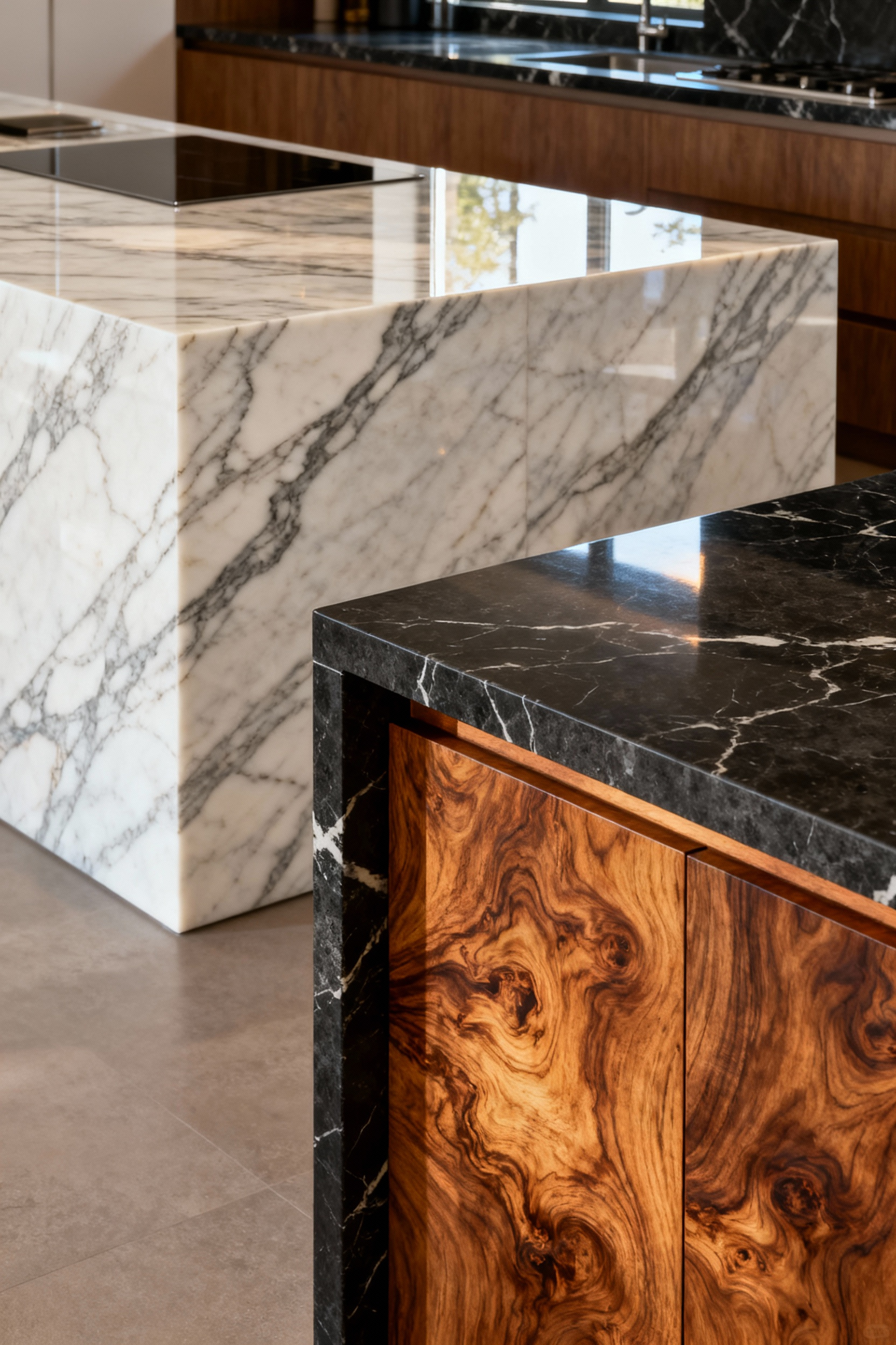 Luxurious kitchen island with polished Calacatta Macaubas quartzite contrasted against honed Nero Marquina marble countertops, showcasing deep textures and finishes.