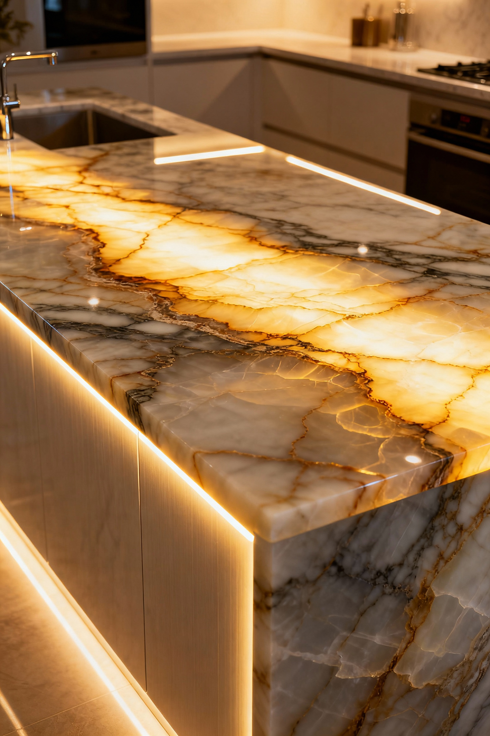 A stunning kitchen with a backlit Brazilian Onyx countertop, showcasing the elegance of integrated lighting enhancing the stone's natural patterns and brilliance.