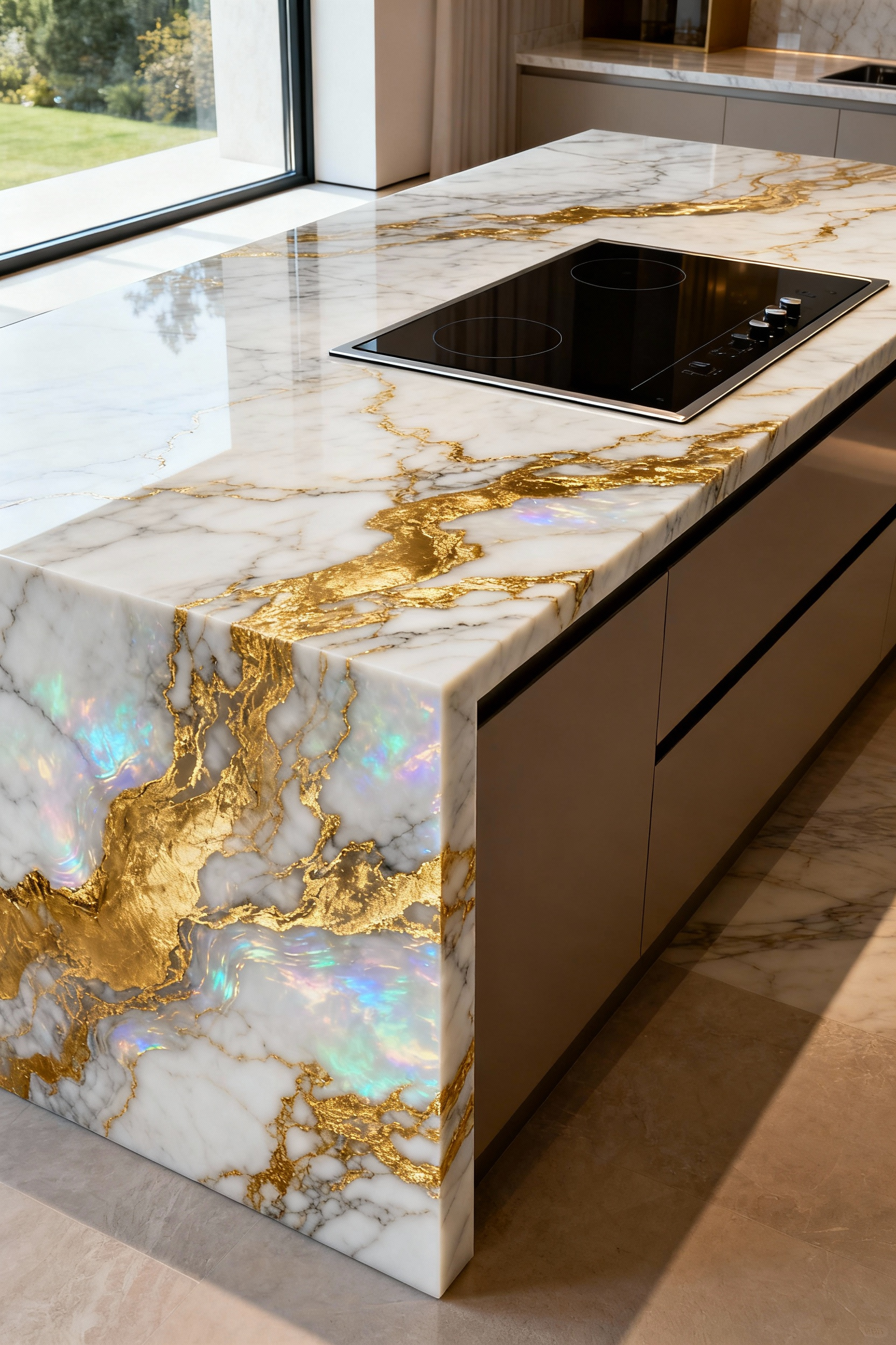 Luxurious kitchen with a grand island featuring bookmatched Cristallo Macaubas quartzite countertop with integrated induction hob and waterfall edge, reflecting unique narrative design.