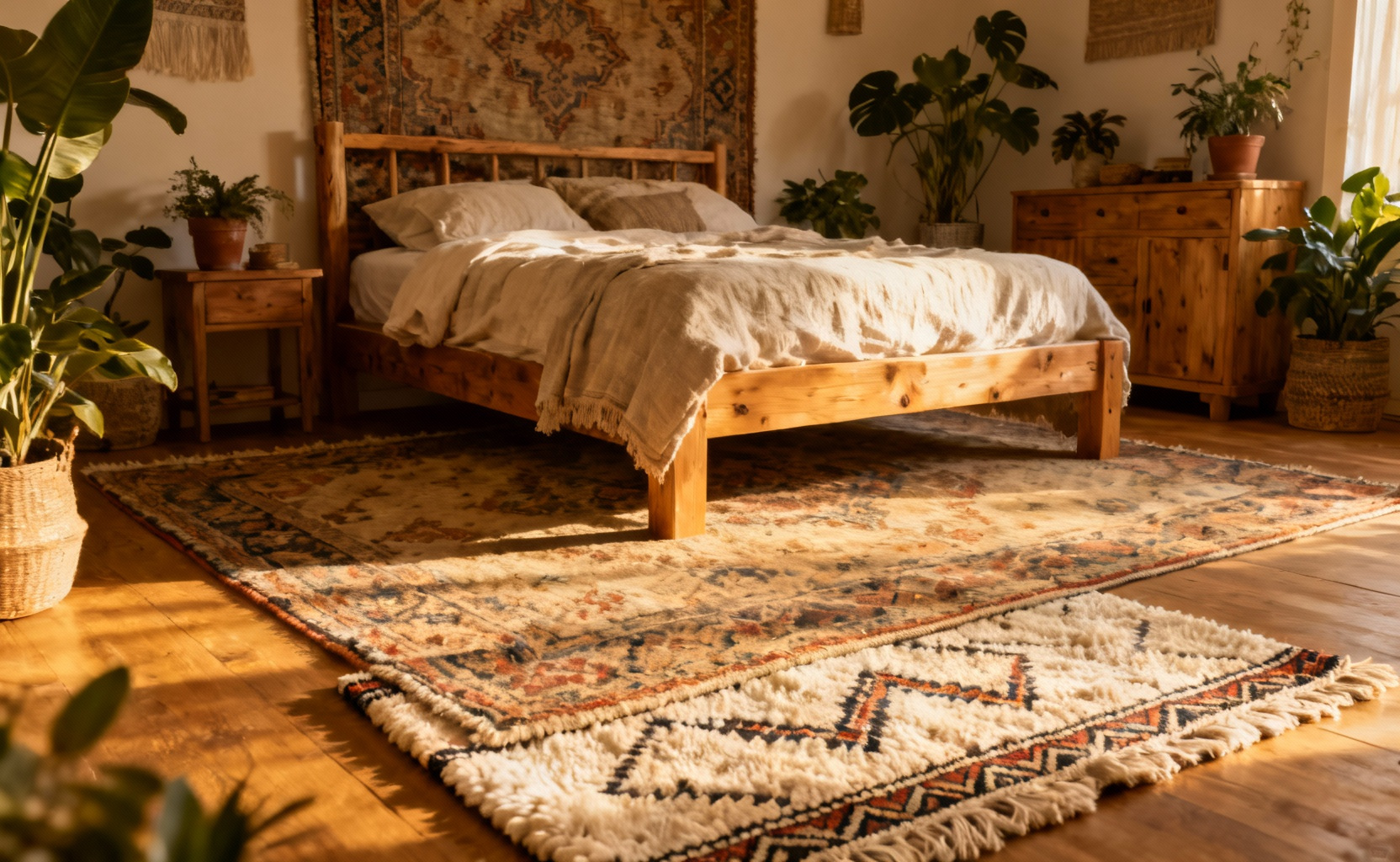 Bohemian bedroom featuring a large layered vintage Turkish Oushak rug under the bed with a Moroccan Beni Ourain rug, surrounded by natural textures and plants.