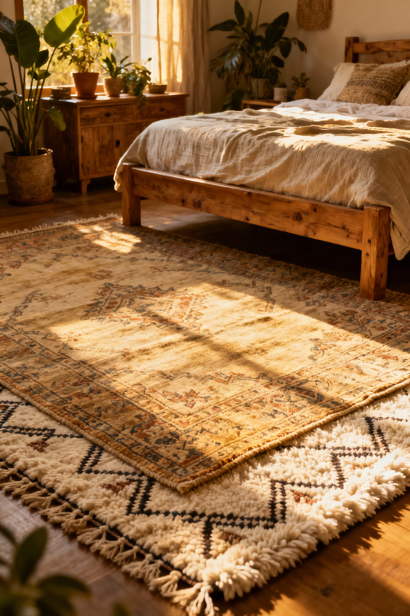 Bohemian bedroom featuring a large layered vintage Turkish Oushak rug under the bed with a Moroccan Beni Ourain rug, surrounded by natural textures and plants.
