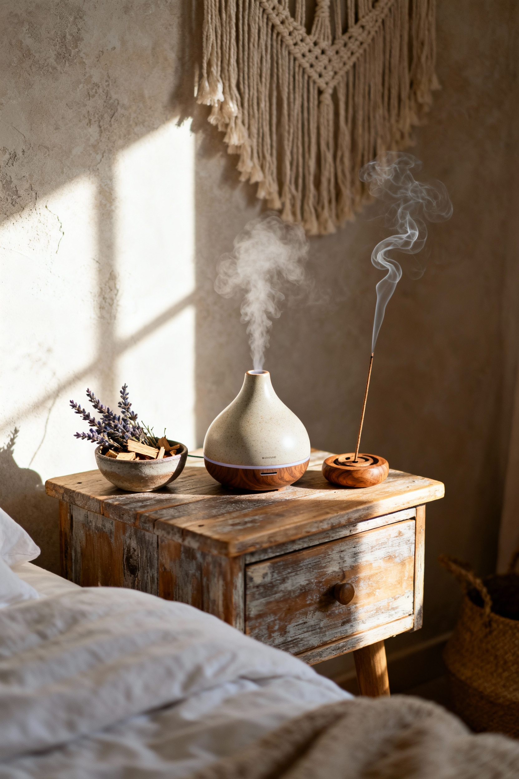 Boho bedroom corner with natural essential oil diffuser, dried botanicals, and incense for a calming aroma experience.