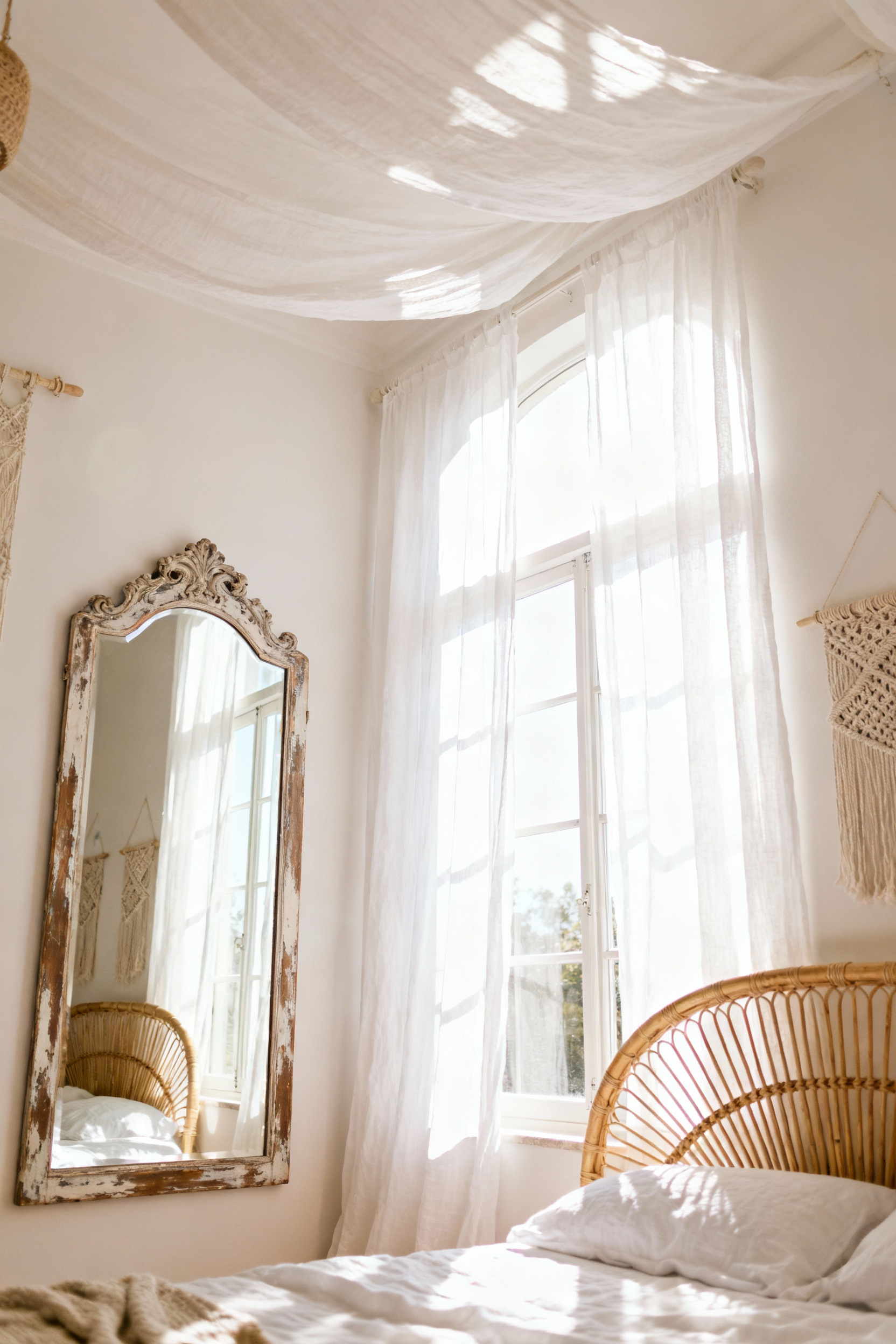 Boho bedroom with sheer linen curtains, large vintage mirror reflecting natural light and enhancing space, and natural rattan accents.