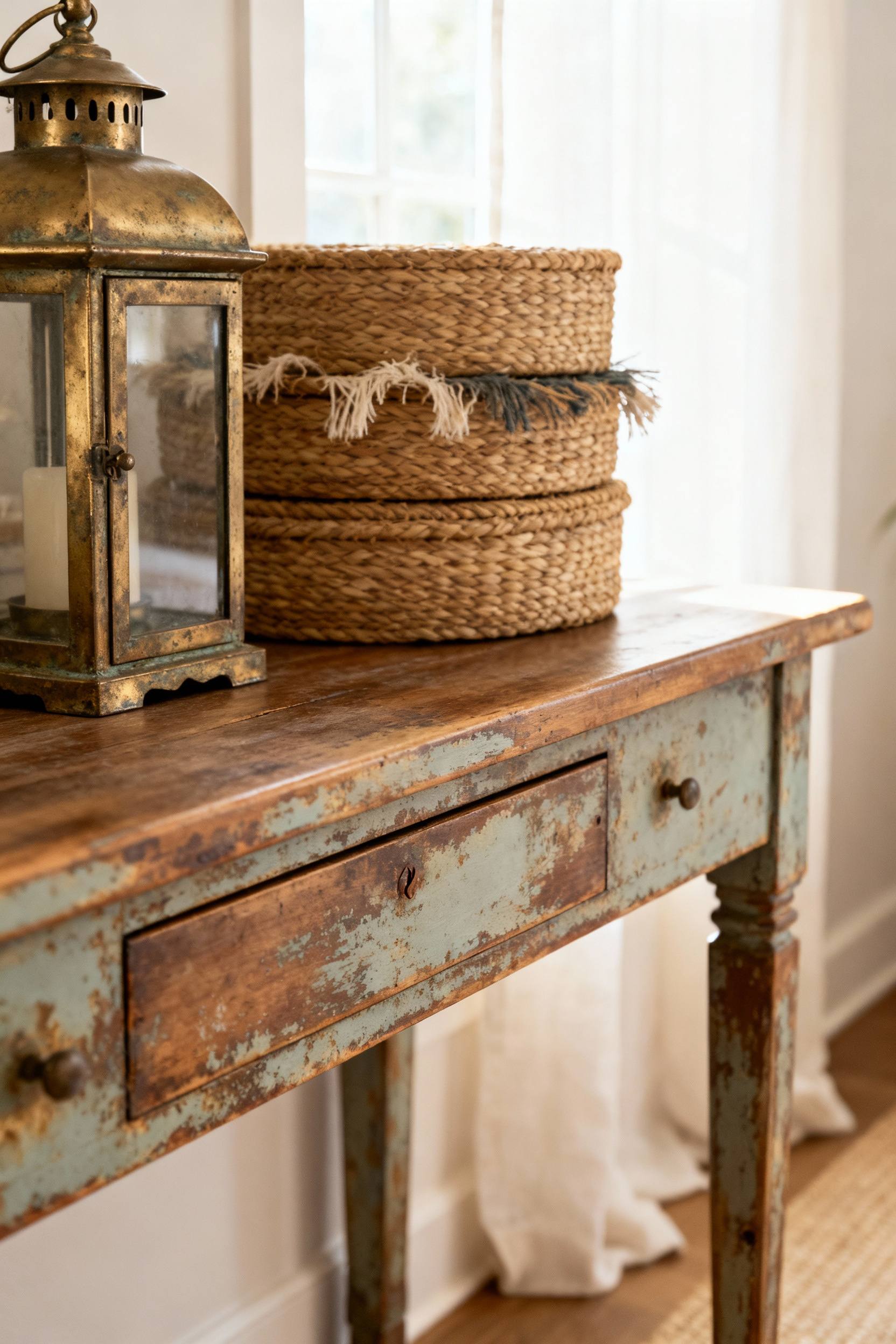 A distressed wooden console table with a tarnished brass lantern and woven baskets, showcasing purposeful patina in a boho bedroom.