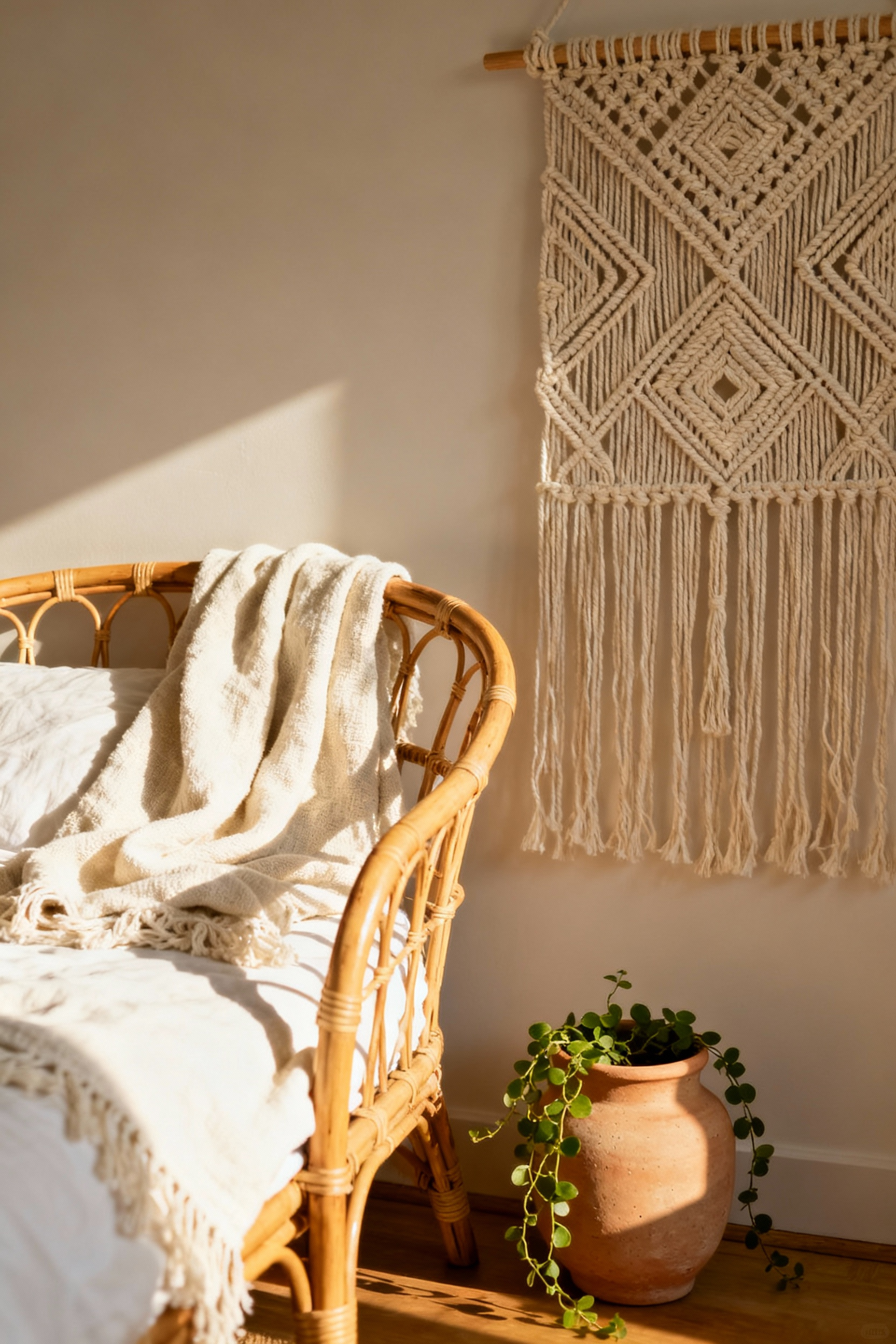 Boho bedroom corner with hand-knotted macrame, organic cotton throw, rattan armchair, and hand-thrown ceramic planter, highlighting artisanal craftsmanship and ethical decor choices.