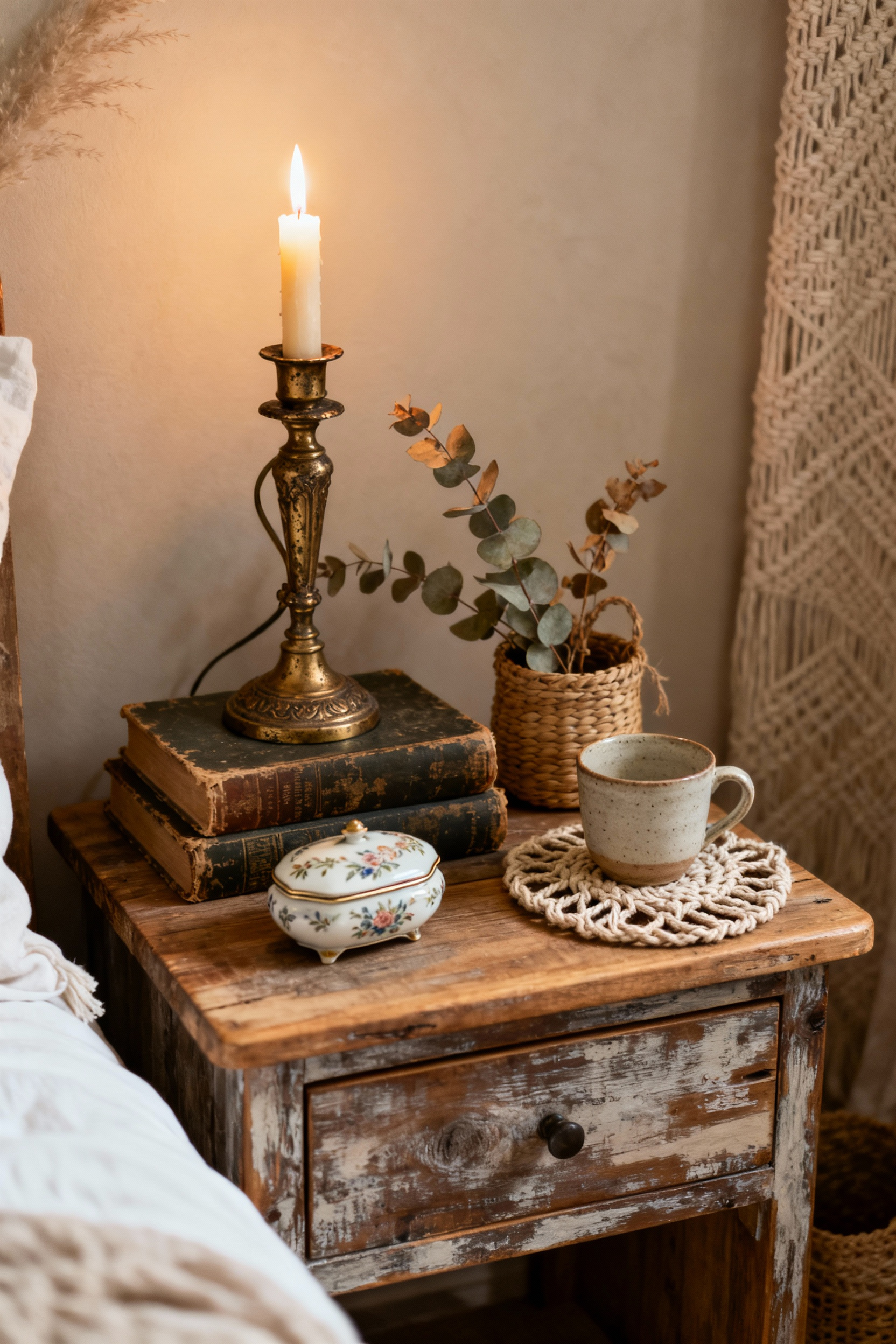 A bohemian bedroom vignette on a vintage reclaimed wood nightstand, featuring antique brass candlesticks, old books, a porcelain trinket box, dried eucalyptus, and a macrame coaster, illuminated by soft lamp light.