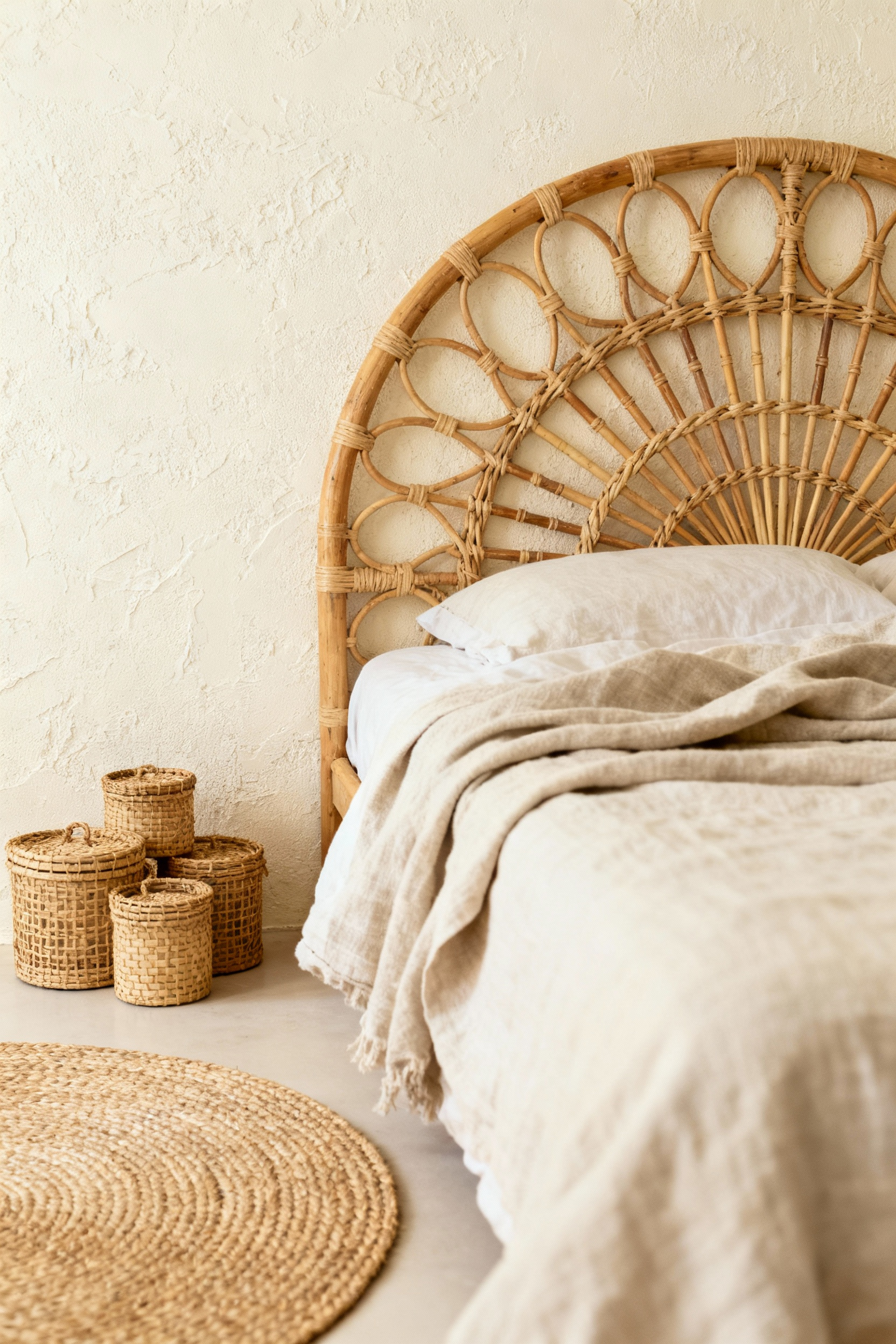 Boho bedroom with woven rattan headboard, circular jute rug, and rattan storage baskets under soft natural light, showcasing natural texture and organic design.