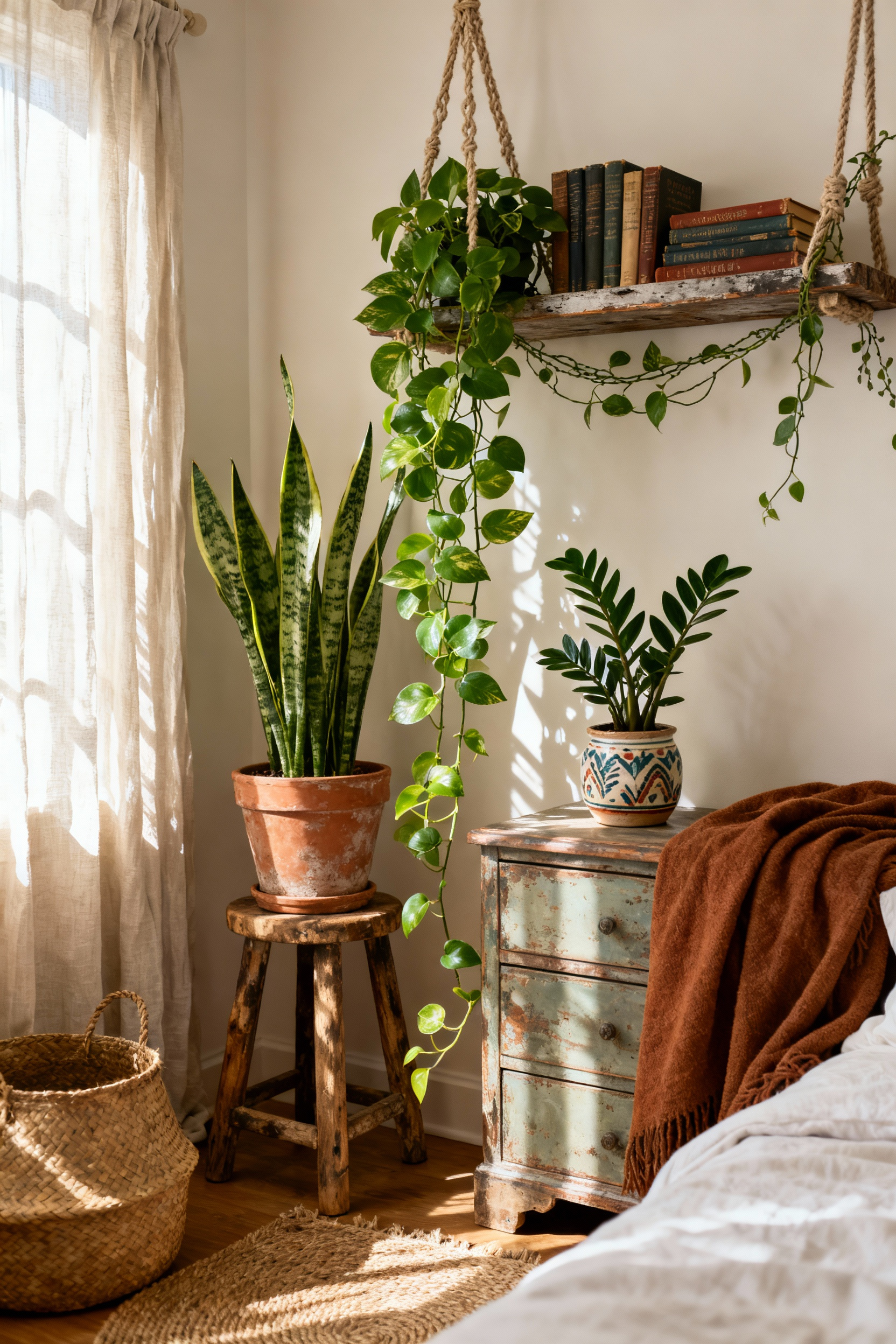 A collection of healthy low-maintenance indoor plants, including a tall snake plant and a trailing pothos, styled in natural planters within a bright bohemian bedroom corner.