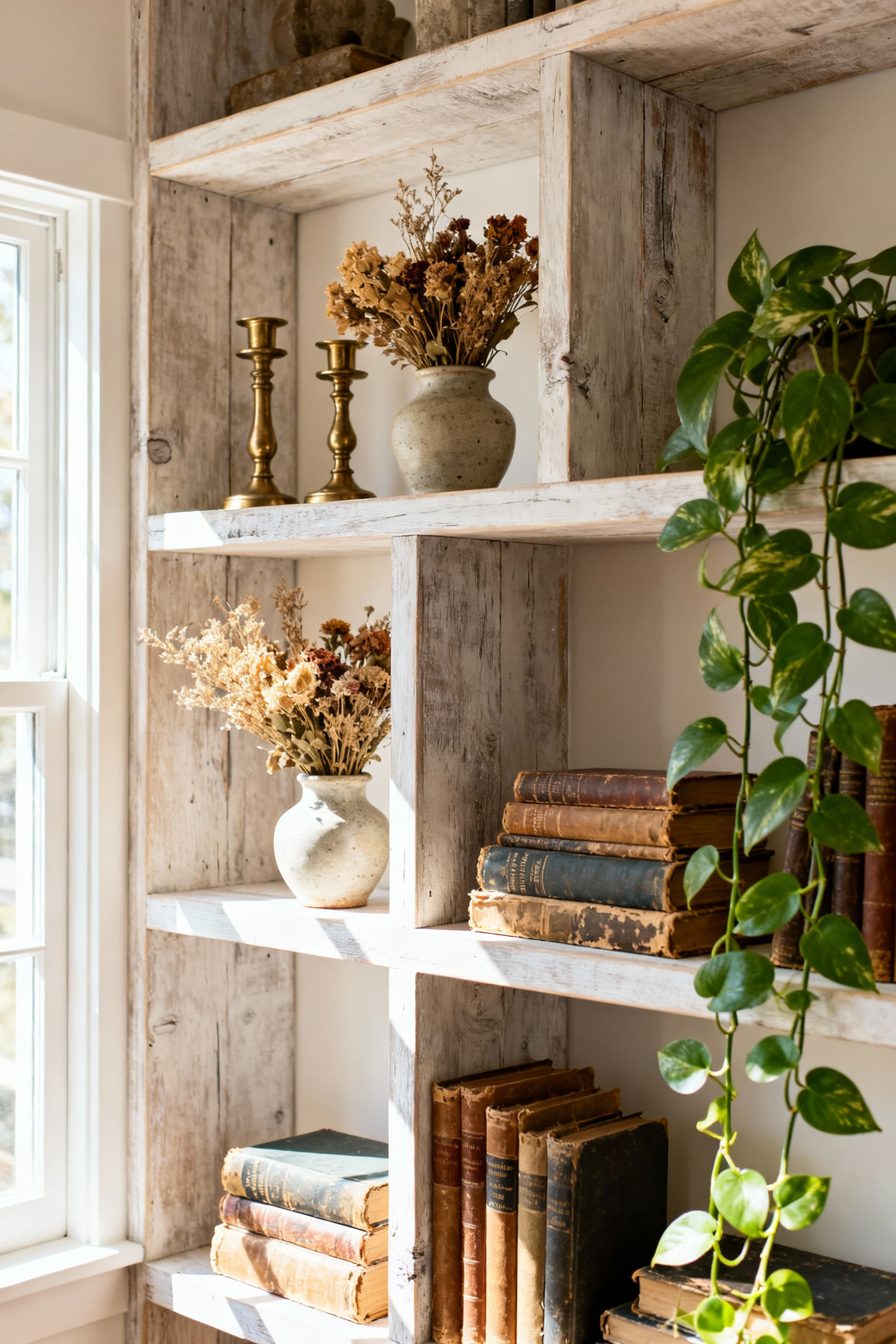Boho bedroom with curated open shelves featuring reclaimed wood, vintage decor, dried florals, and a trailing plant.