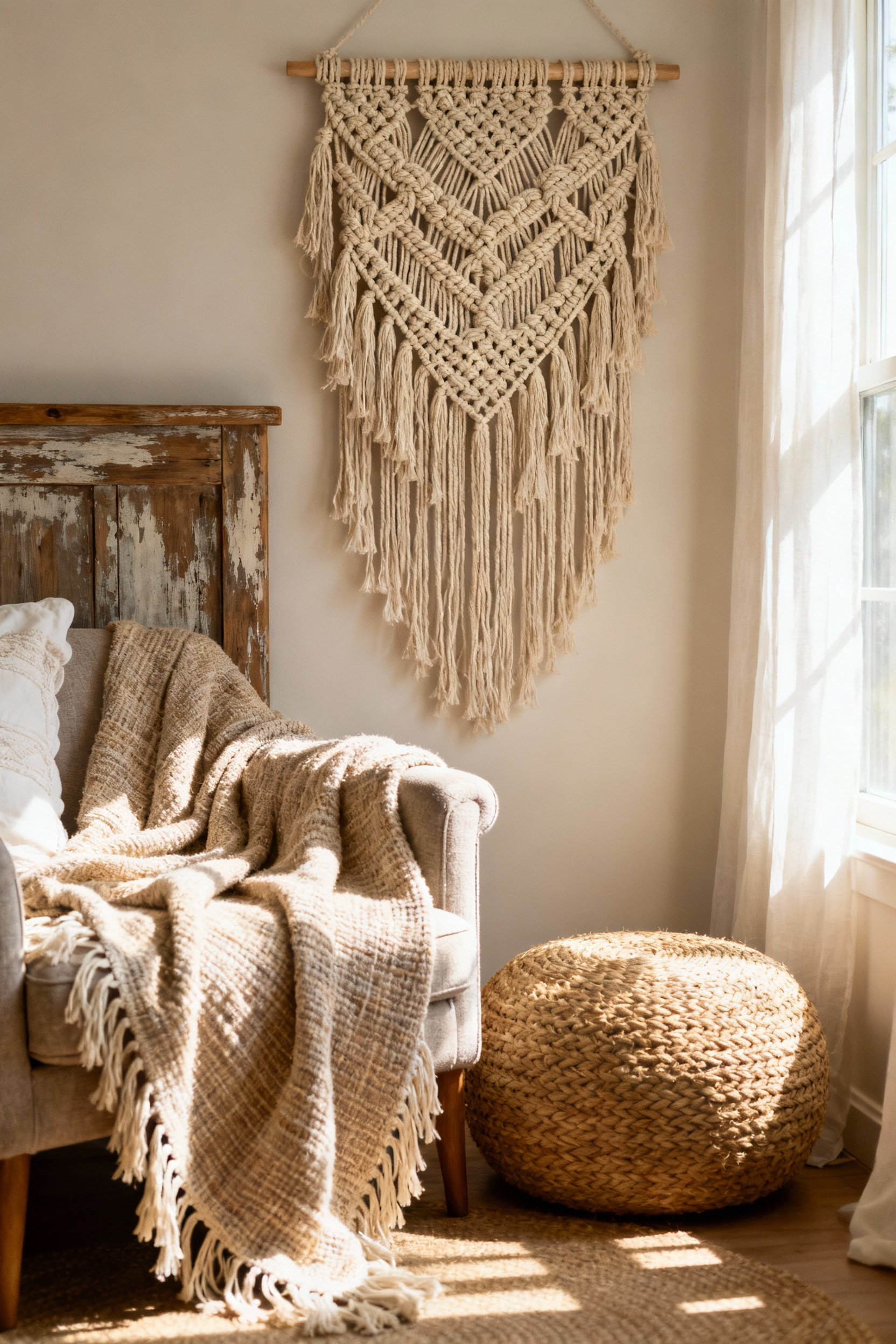 Close-up of a bohemian bedroom corner featuring a textured macrame wall hanging, a fringed throw blanket draped over a rattan chair, and a woven jute pouf, all adding visual depth and cozy ambiance.