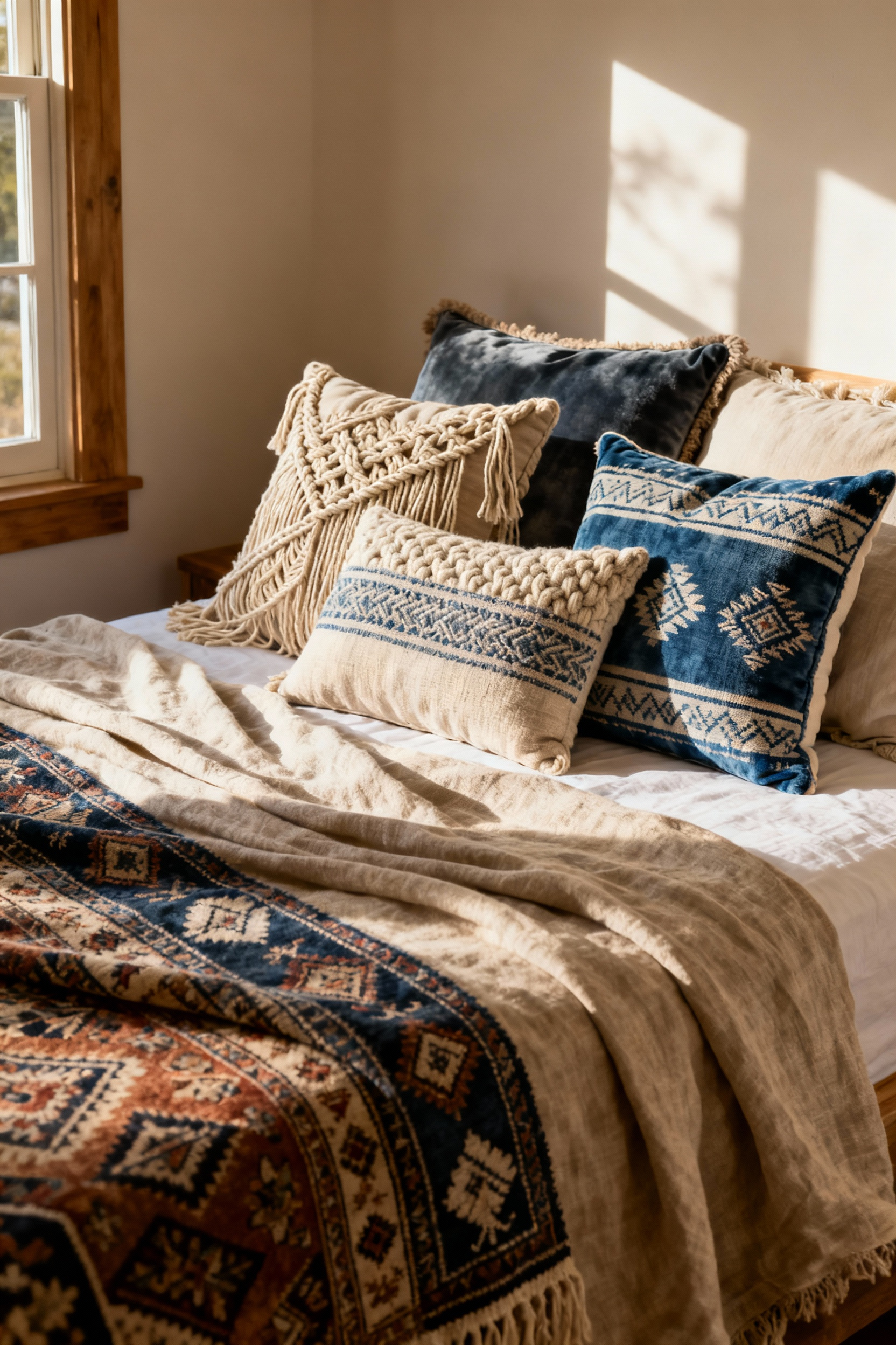 A bohemian bedroom bed showcasing a rich, deliberate layering of various textured cushions and throws, including macrame, embroidered, and linen fabrics, under soft natural light.