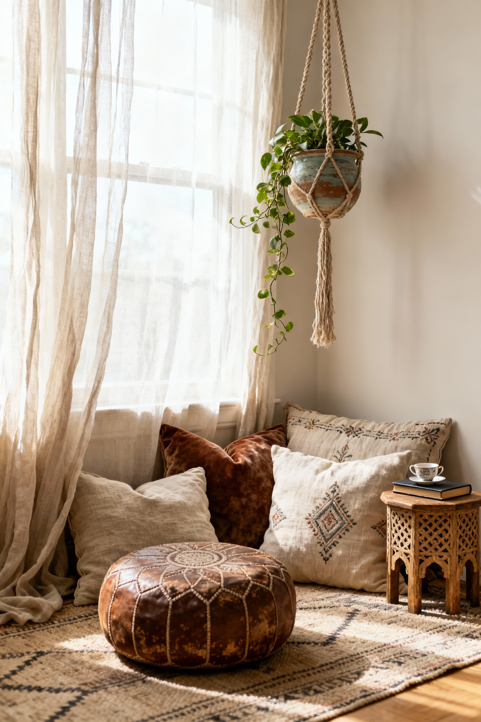 Boho reading nook with floor pillows, natural light from a window, macrame plant hanger, and woven side table, in a bedroom.