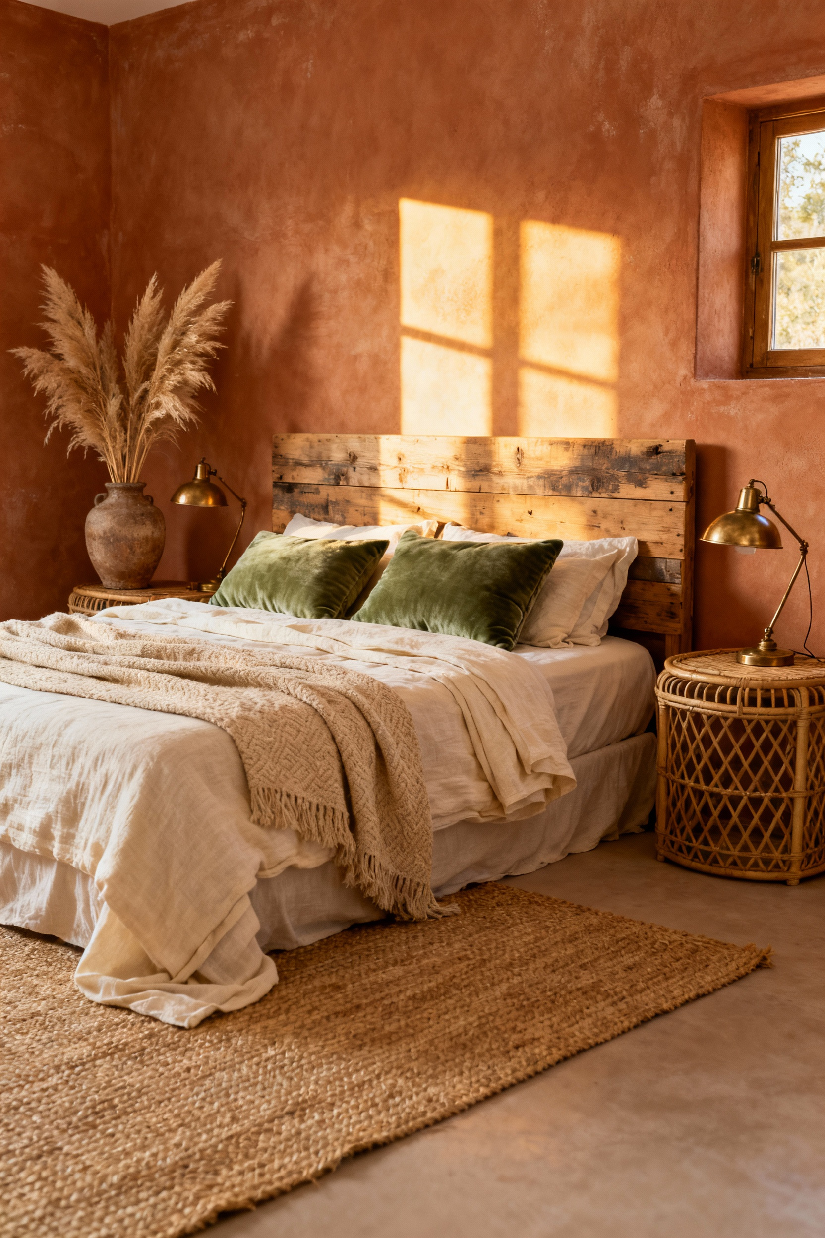 Sophisticated boho bedroom featuring a harmonious earth-toned color palette with terracotta walls, creamy linen, sage green accents, reclaimed wood, jute rug, and rattan furniture under warm golden hour lighting.